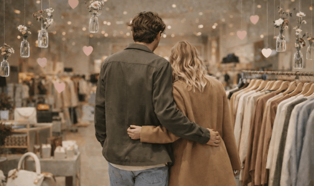 Couple dans une boutique de mode décorée pour la Saint-Valentin, illustrant l’expérience en magasin et la fidélisation client boutique.