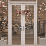Vitrine de boutique de mode décorée de fleurs pour la Saint-Valentin, illustrant la séduction en magasin et la fidélisation client boutique.