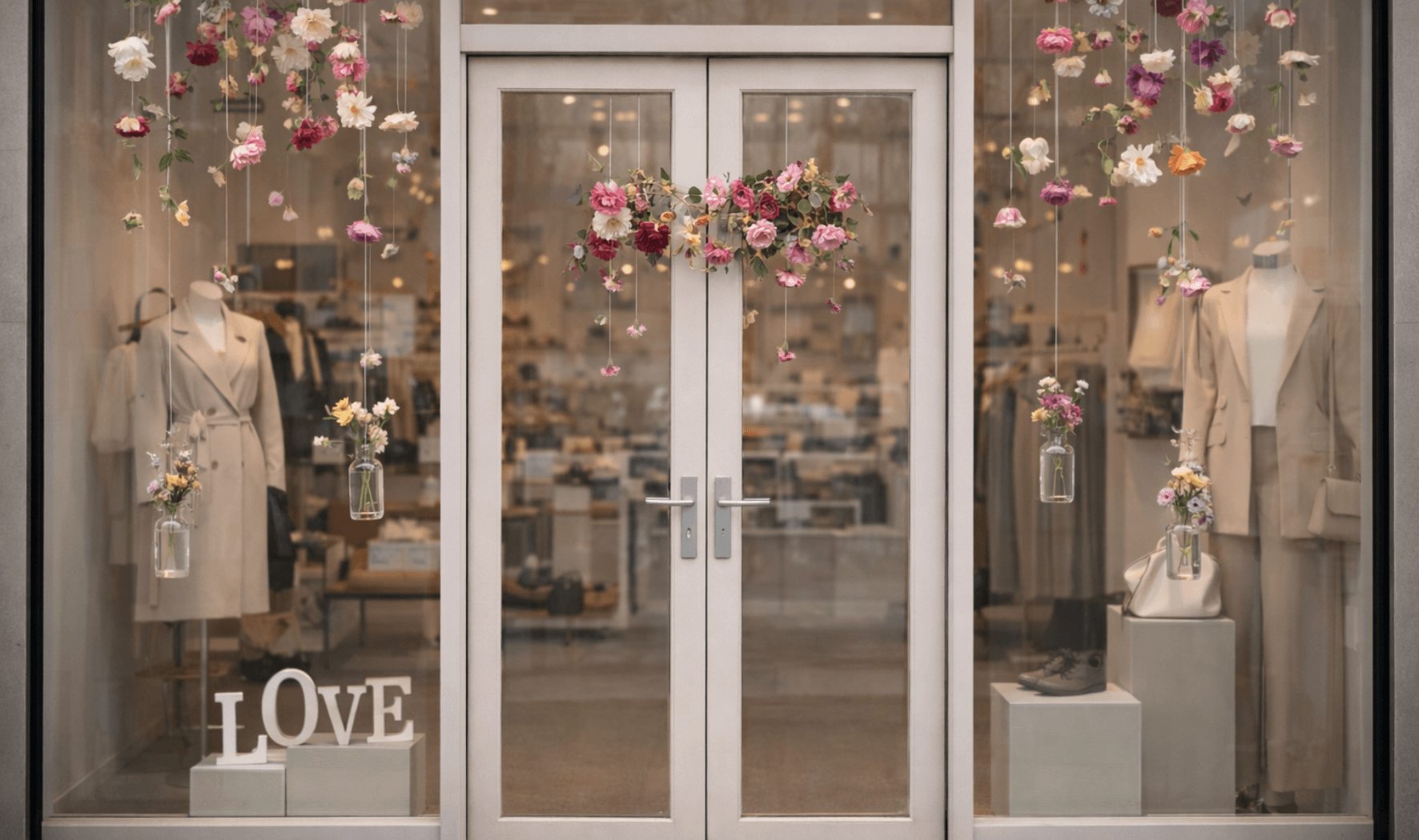 Vitrine de boutique de mode décorée de fleurs pour la Saint-Valentin, illustrant la séduction en magasin et la fidélisation client boutique.