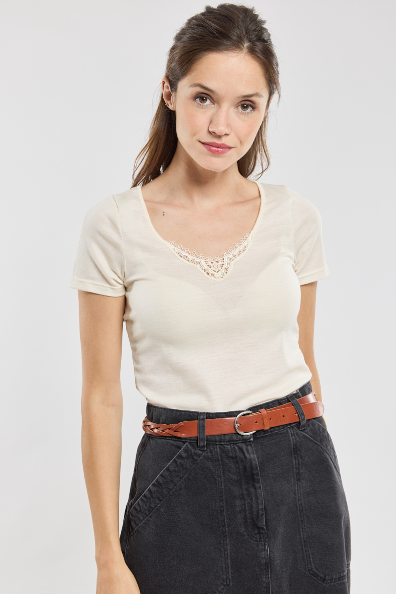 T-shirt col dentelle - laine et soie