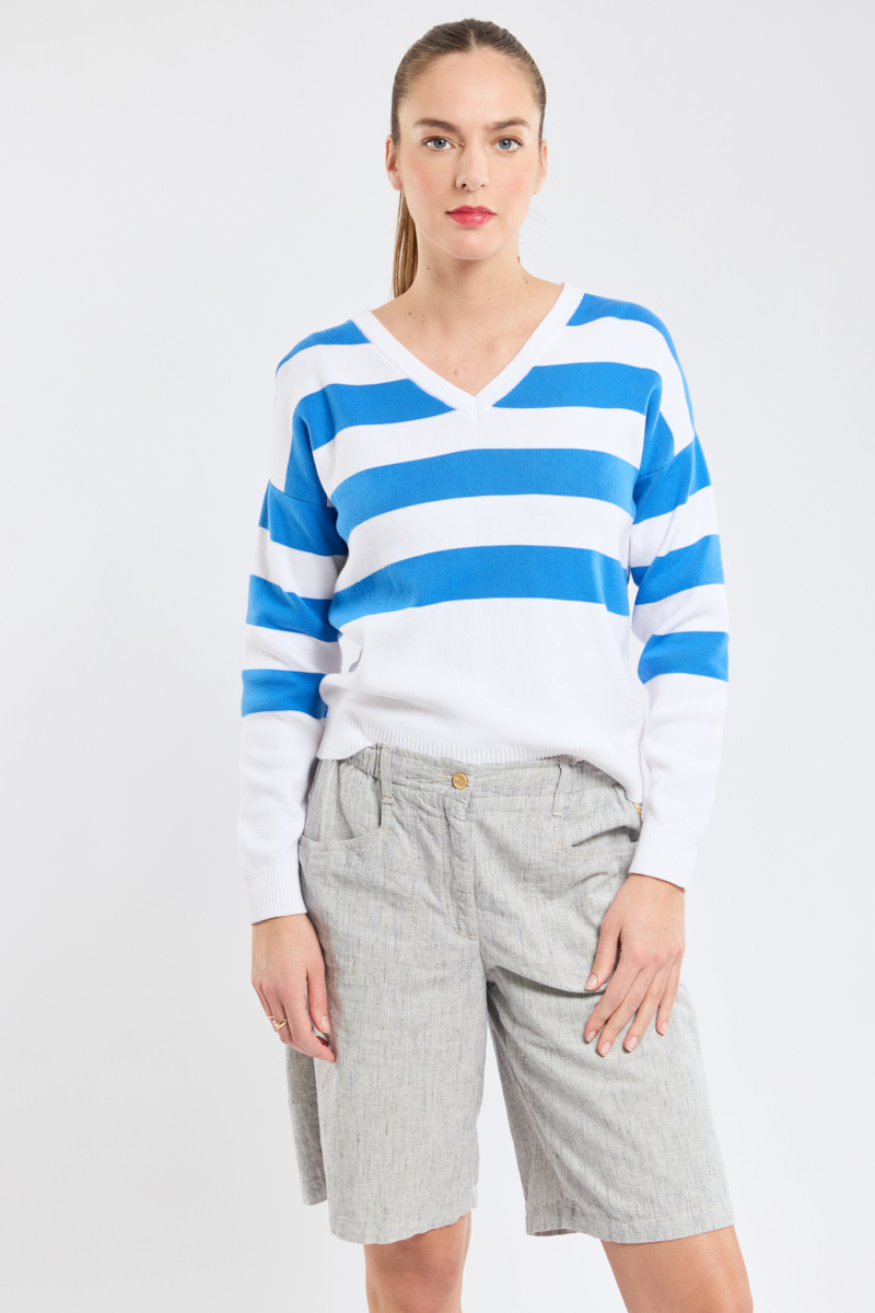 Pull rayé col V - coton
