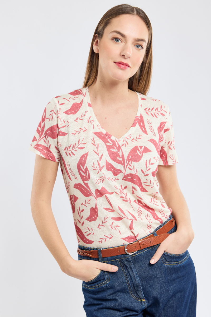 T-shirt col V imprimé - lin