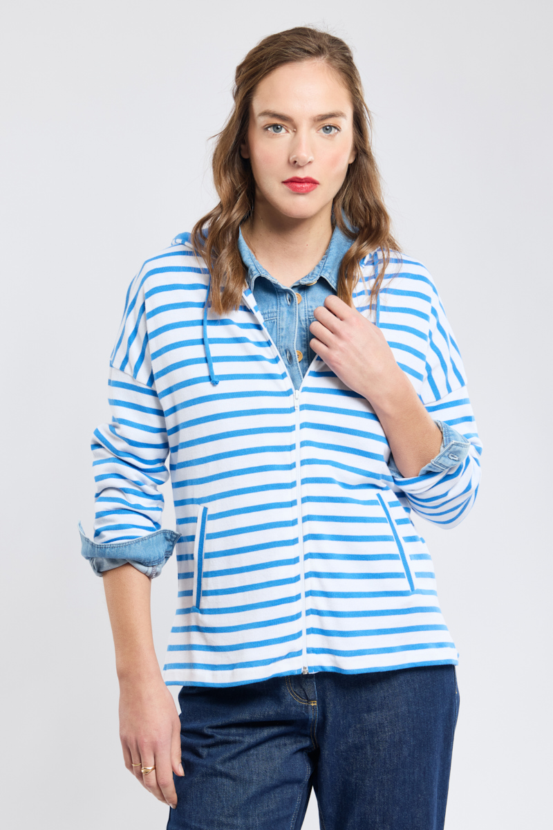 Sweat rayé à capuche - coton rustique