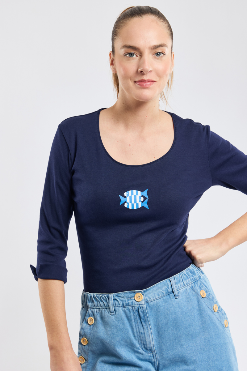 T-shirt manches 3/4 poissons - coton léger