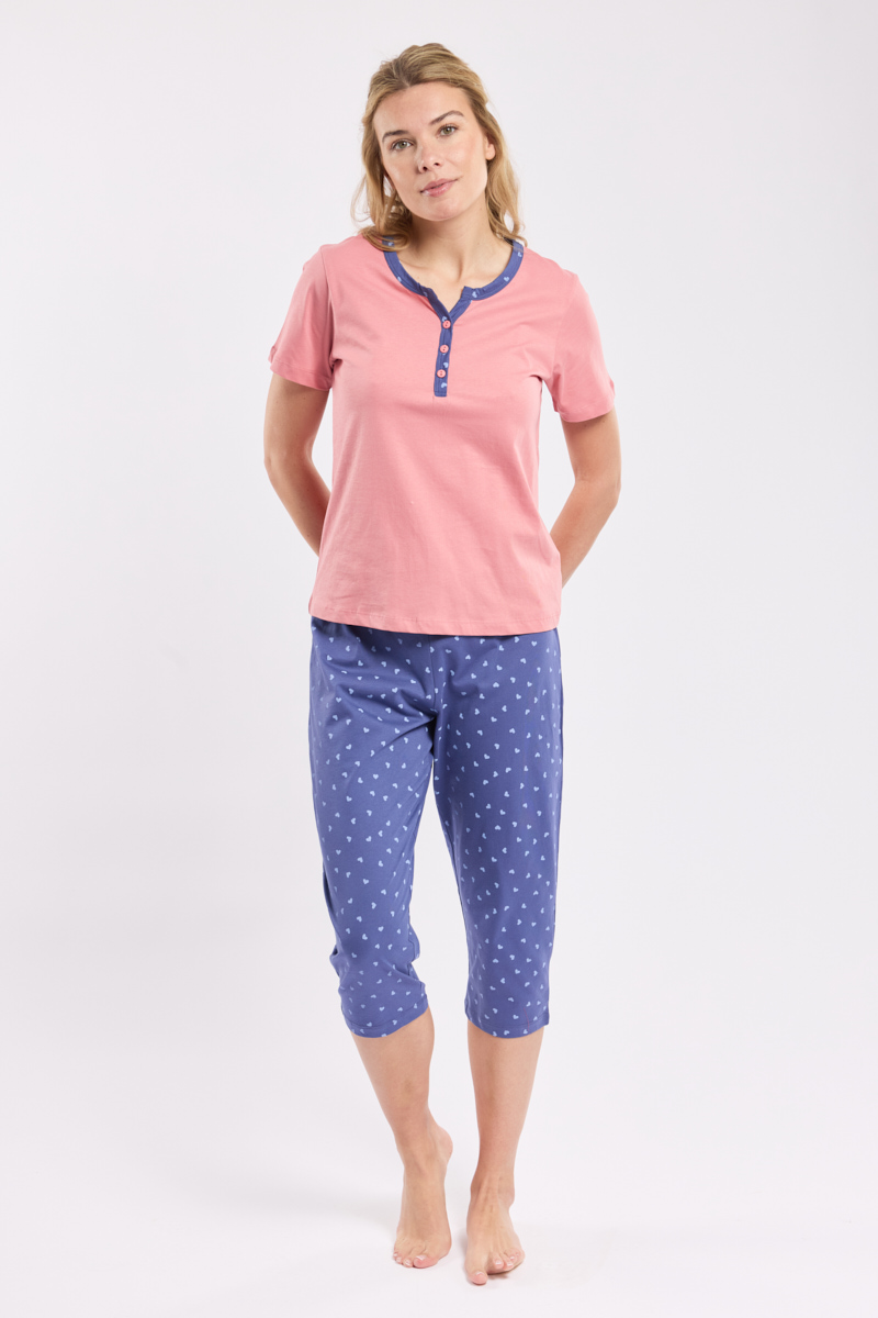 Pyjama corsaire motifs coeurs - coton léger