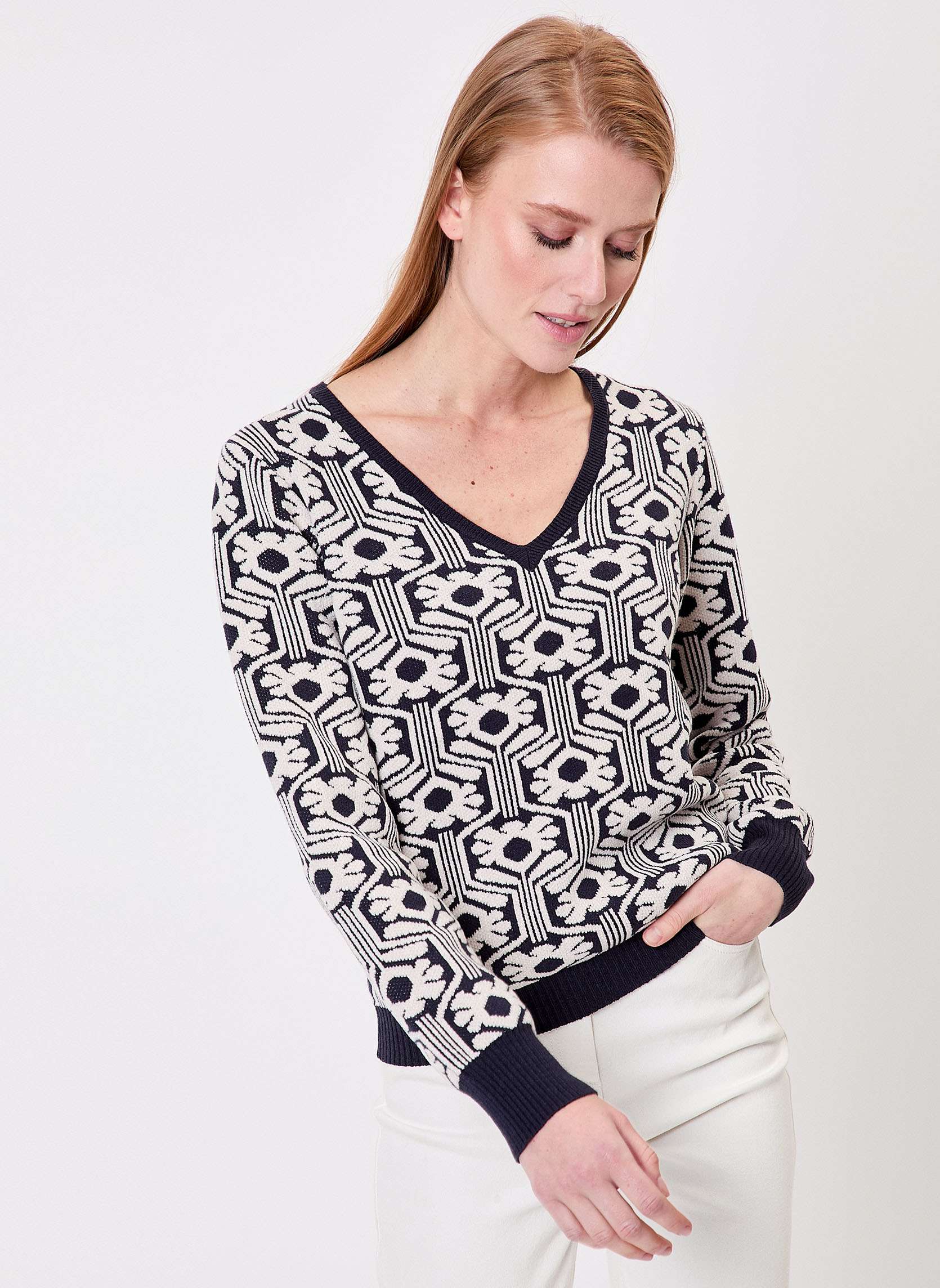 Pull col V maille jacquard ELIODO