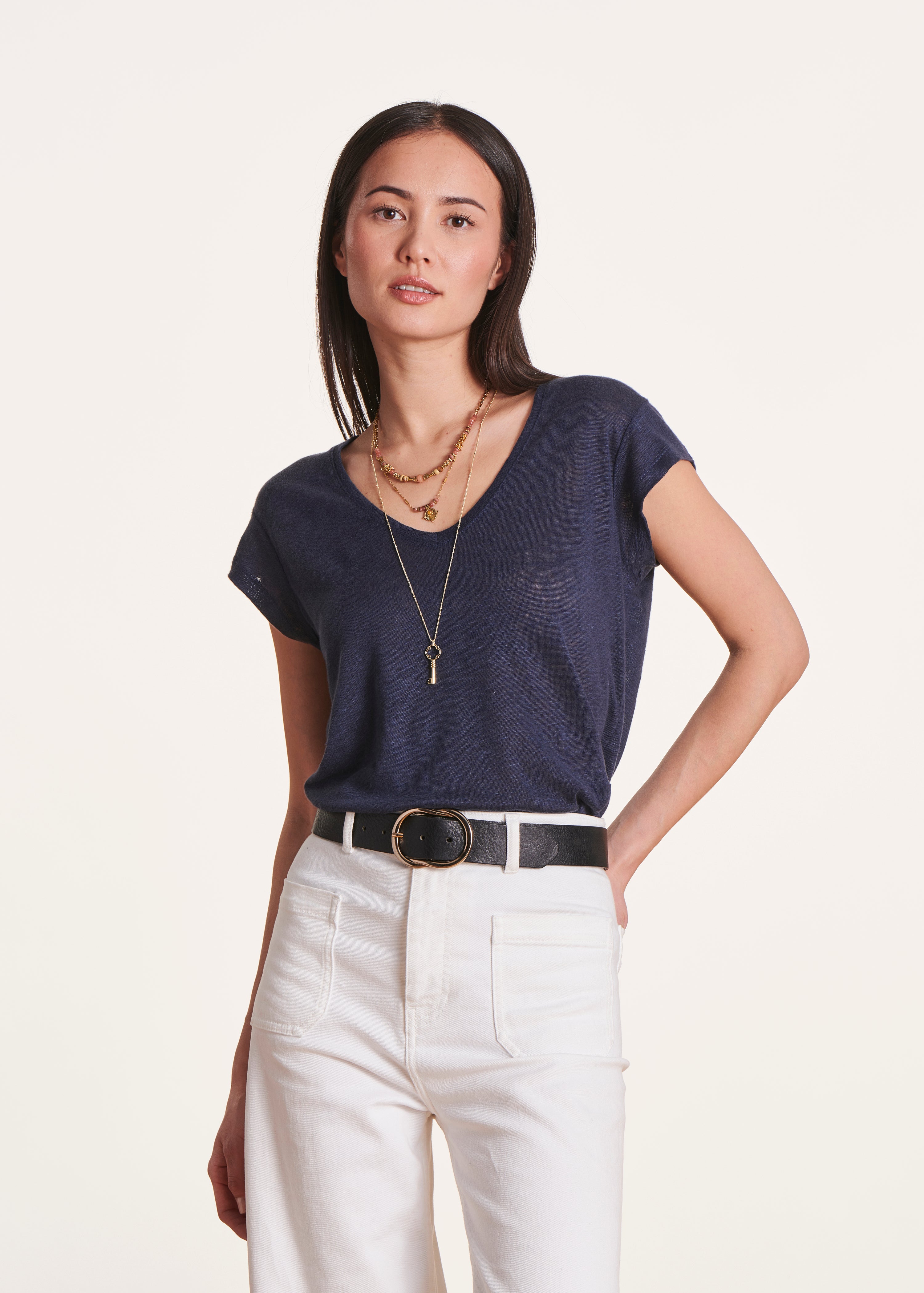 T-shirt bleu en lin manches courtes