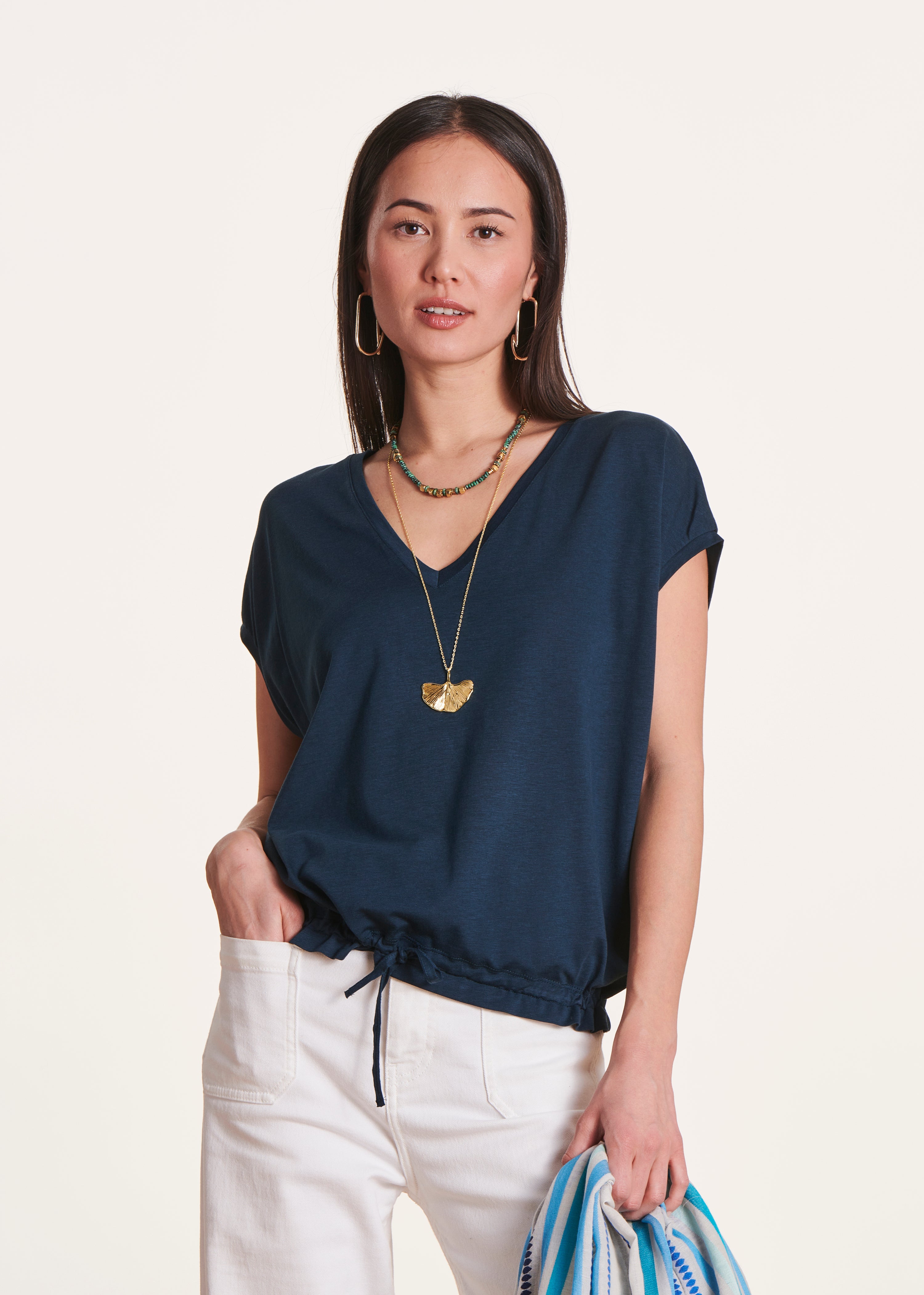 T-shirt blousant bleu pétrole en lyocell manches courtes