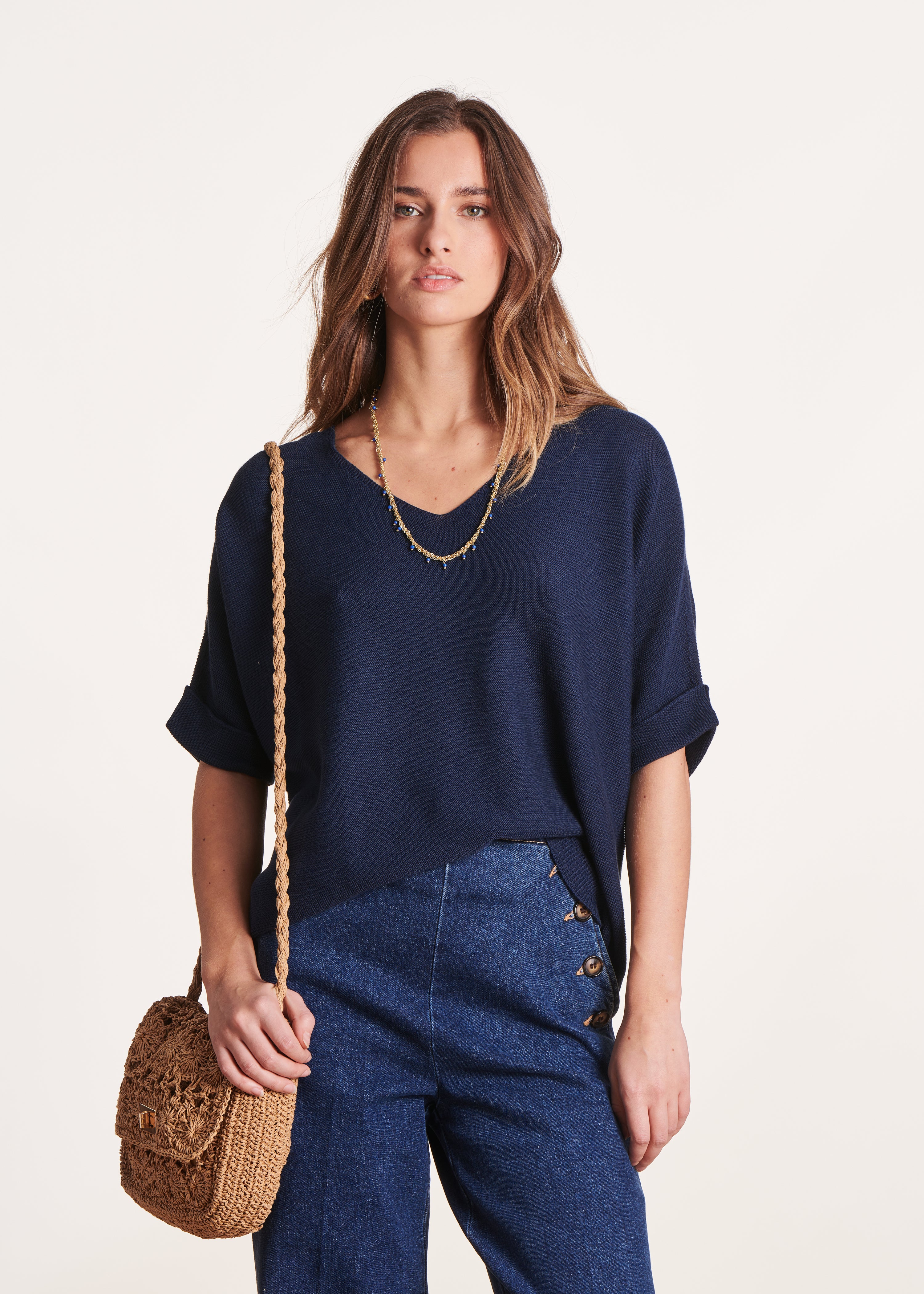 Pull bleu manches courtes col V