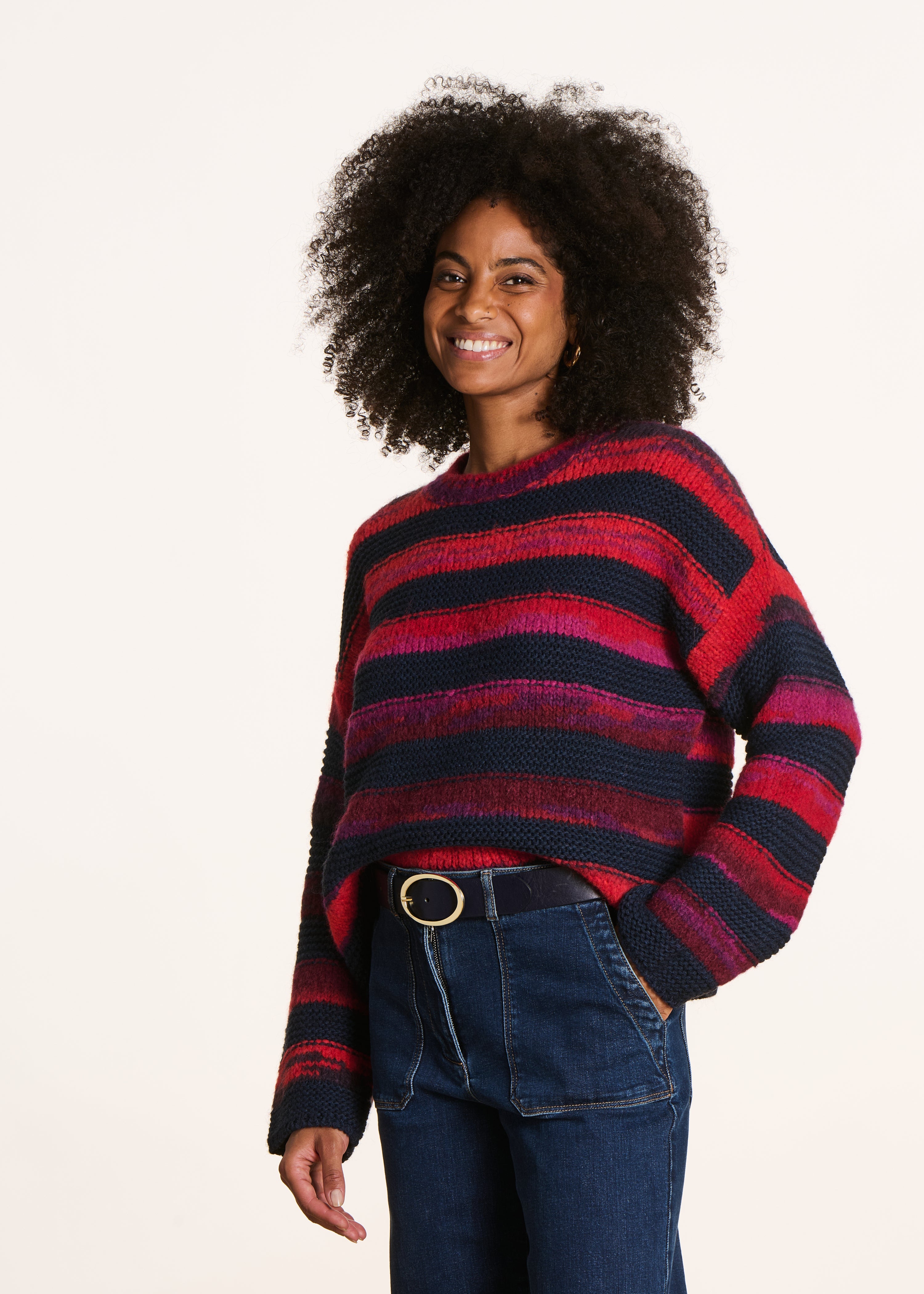 Pull bicolore à rayures manches longues col rond