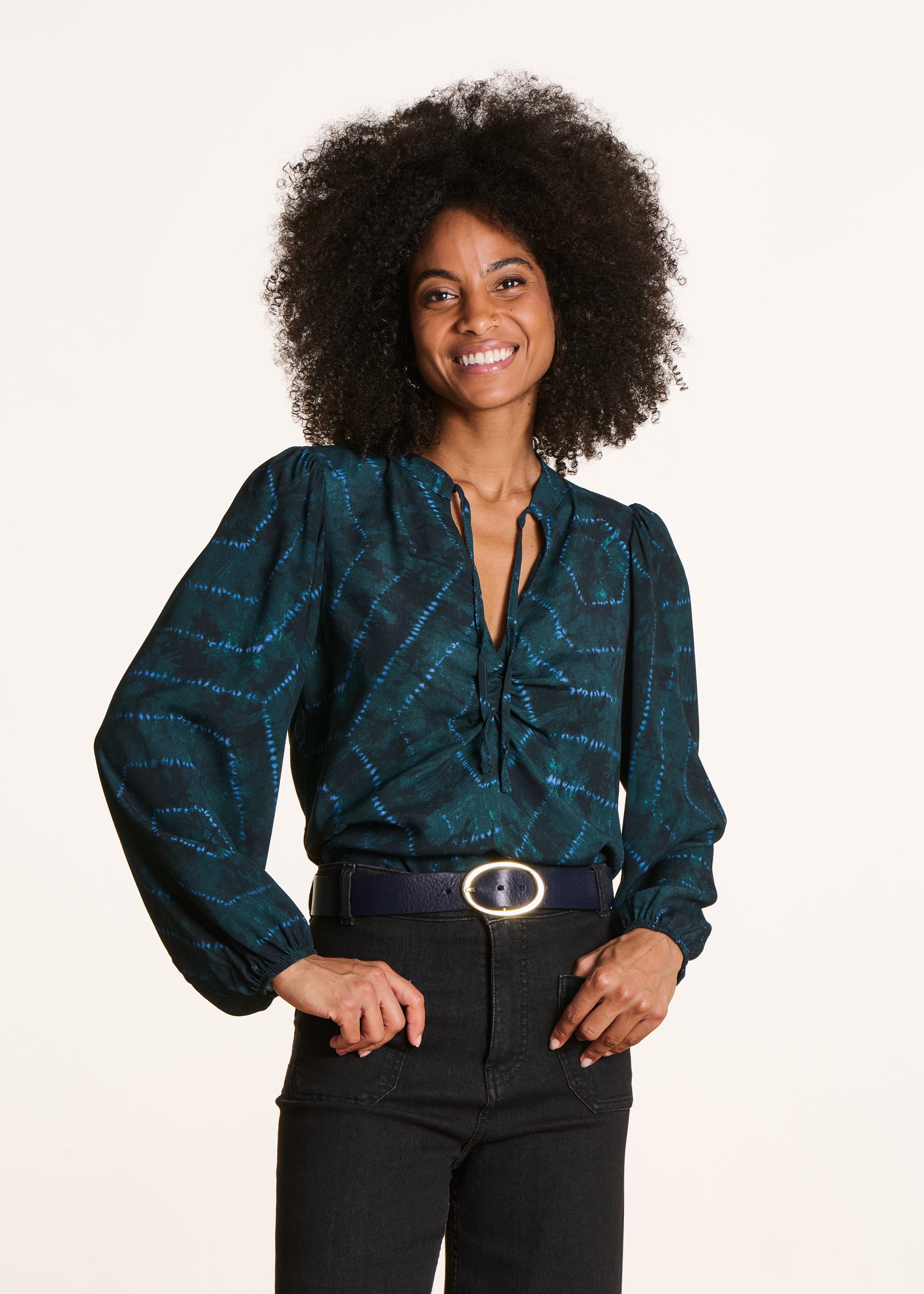 Top bleu pétrole ample à imprimé manches longues