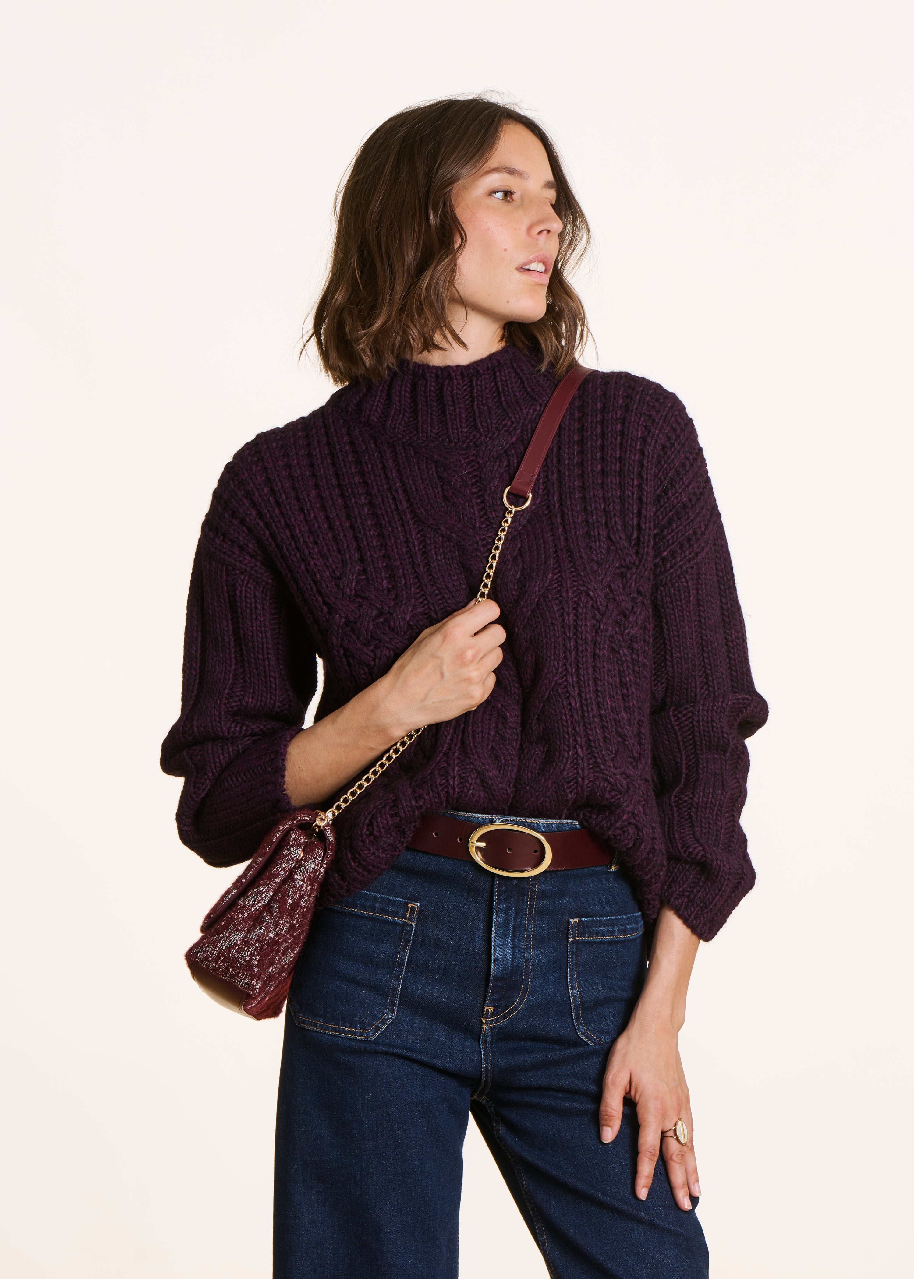 Pull violet manches longues col montant