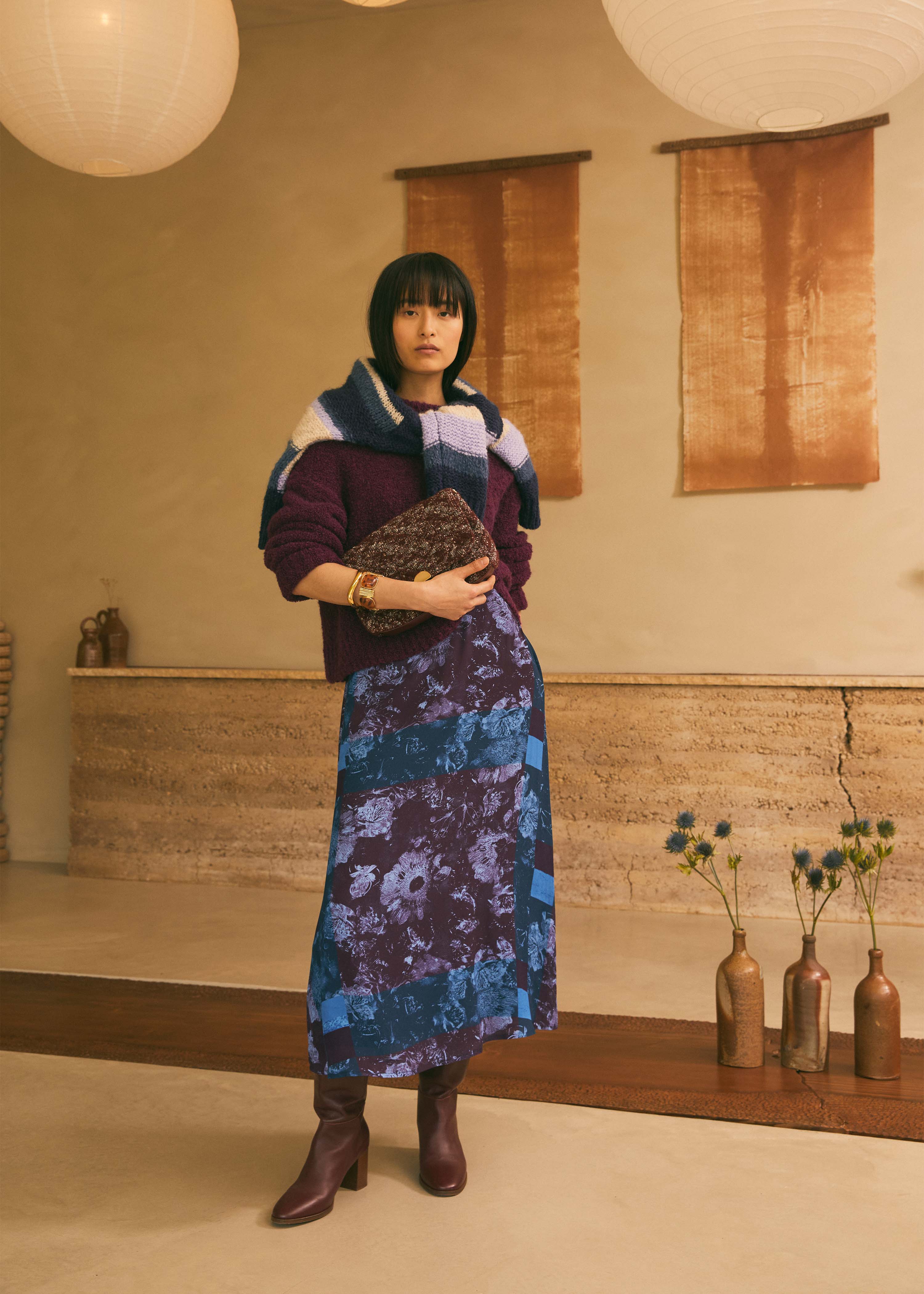 Jupe midi évasée bleu et à imprimé