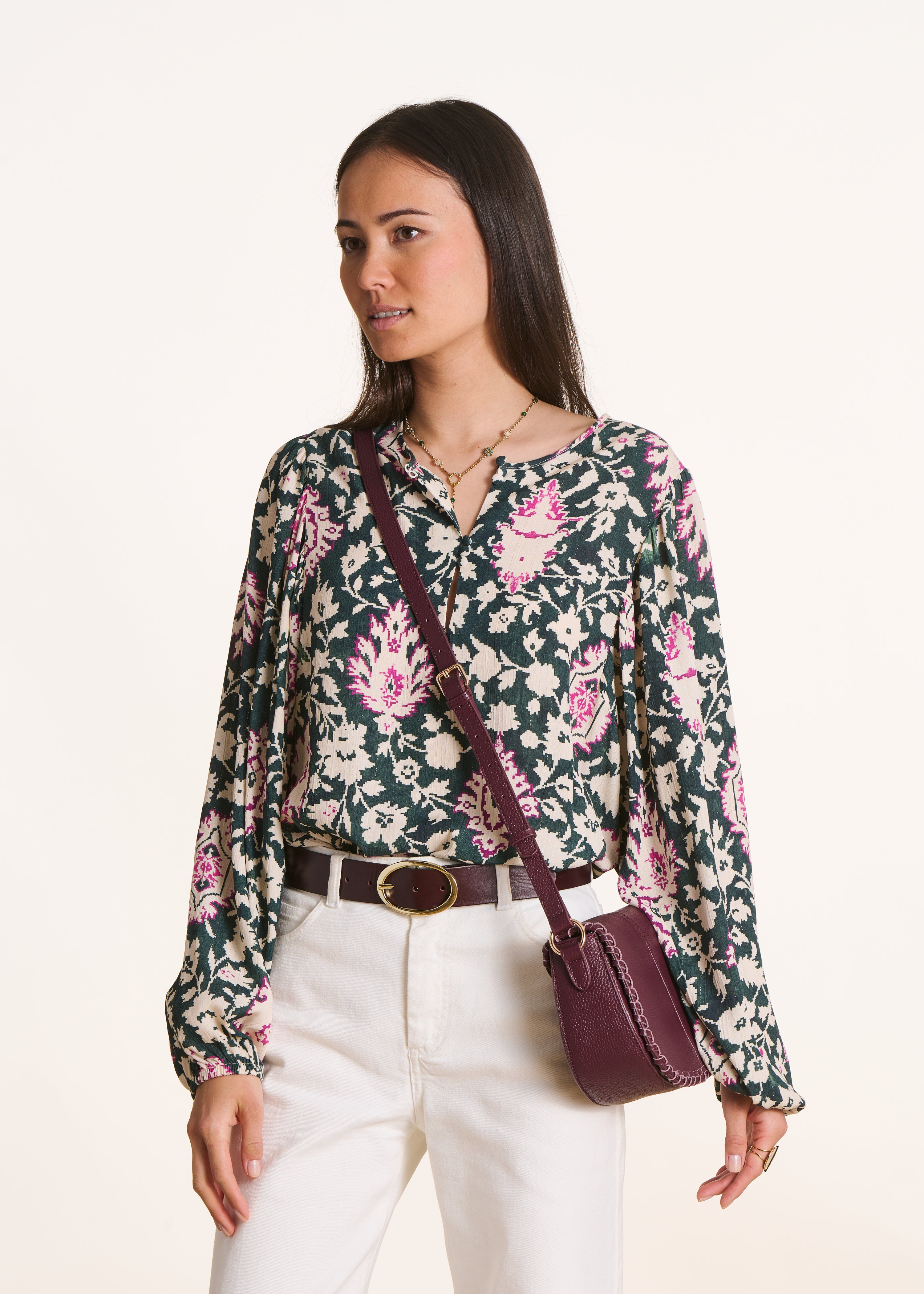 Top vert foncé ample manches longues à imprimé