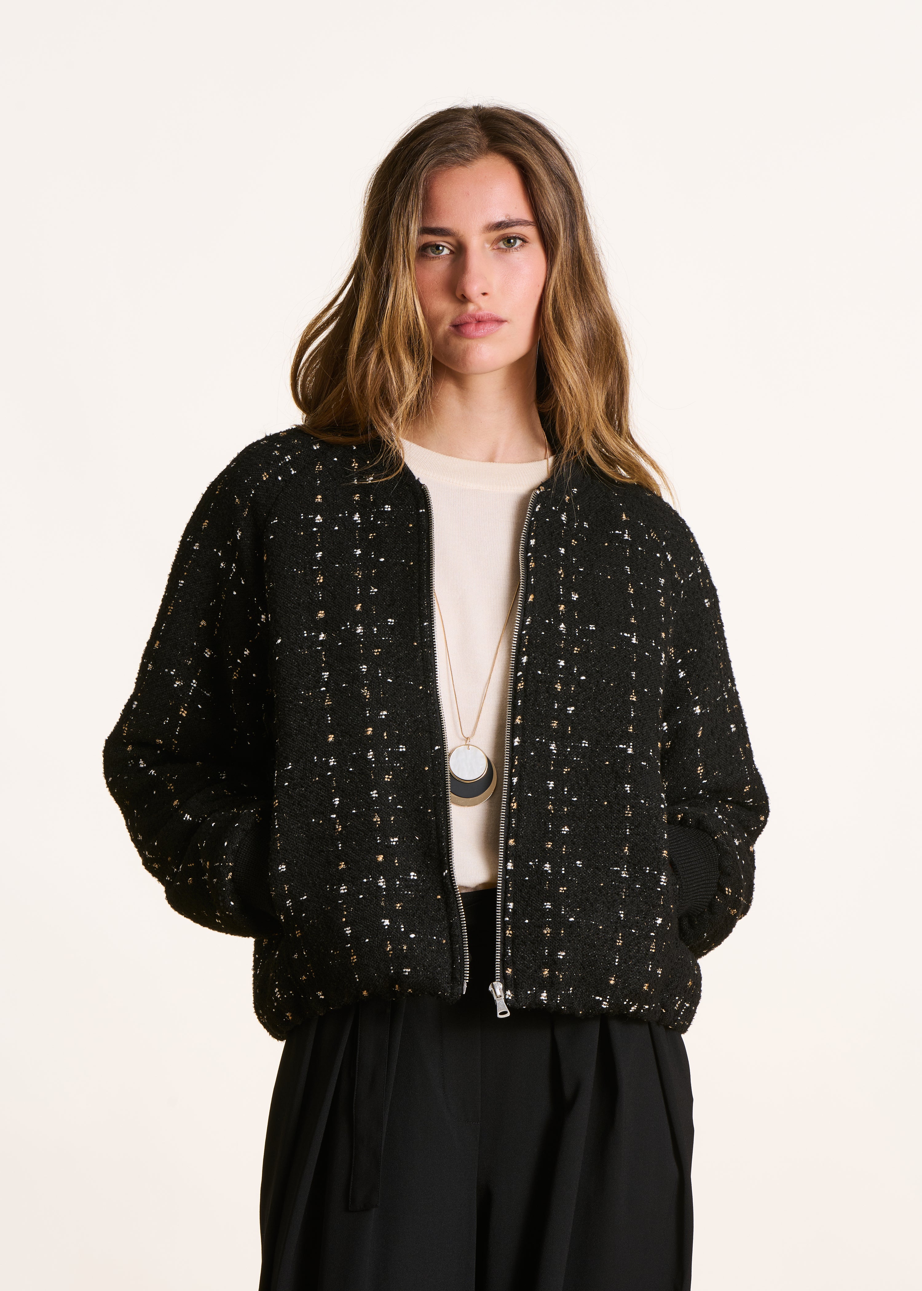 Blouson bomber en tweed noir fantaisie