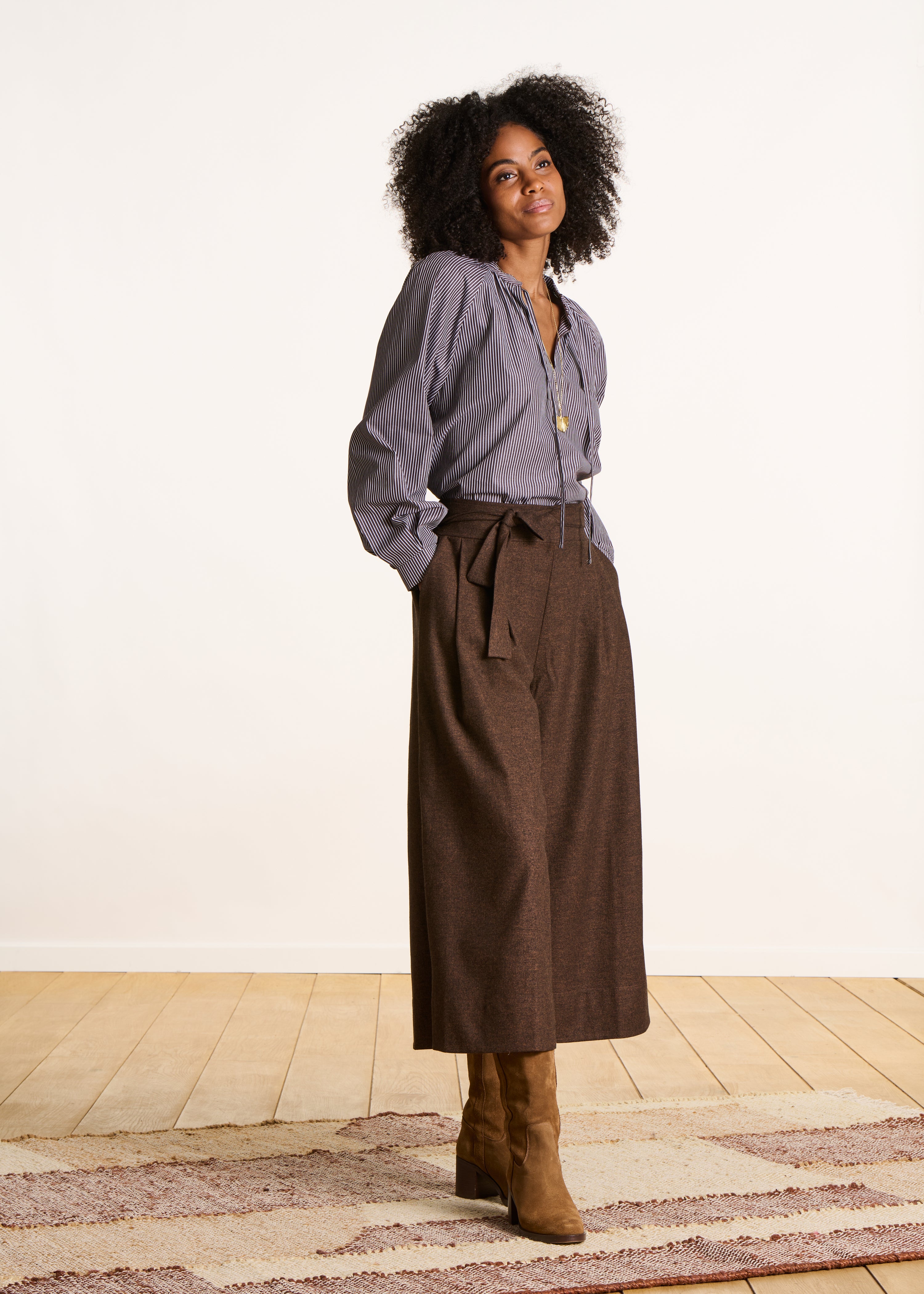 Pantalon jupe-culotte tweed marron taille élastique
