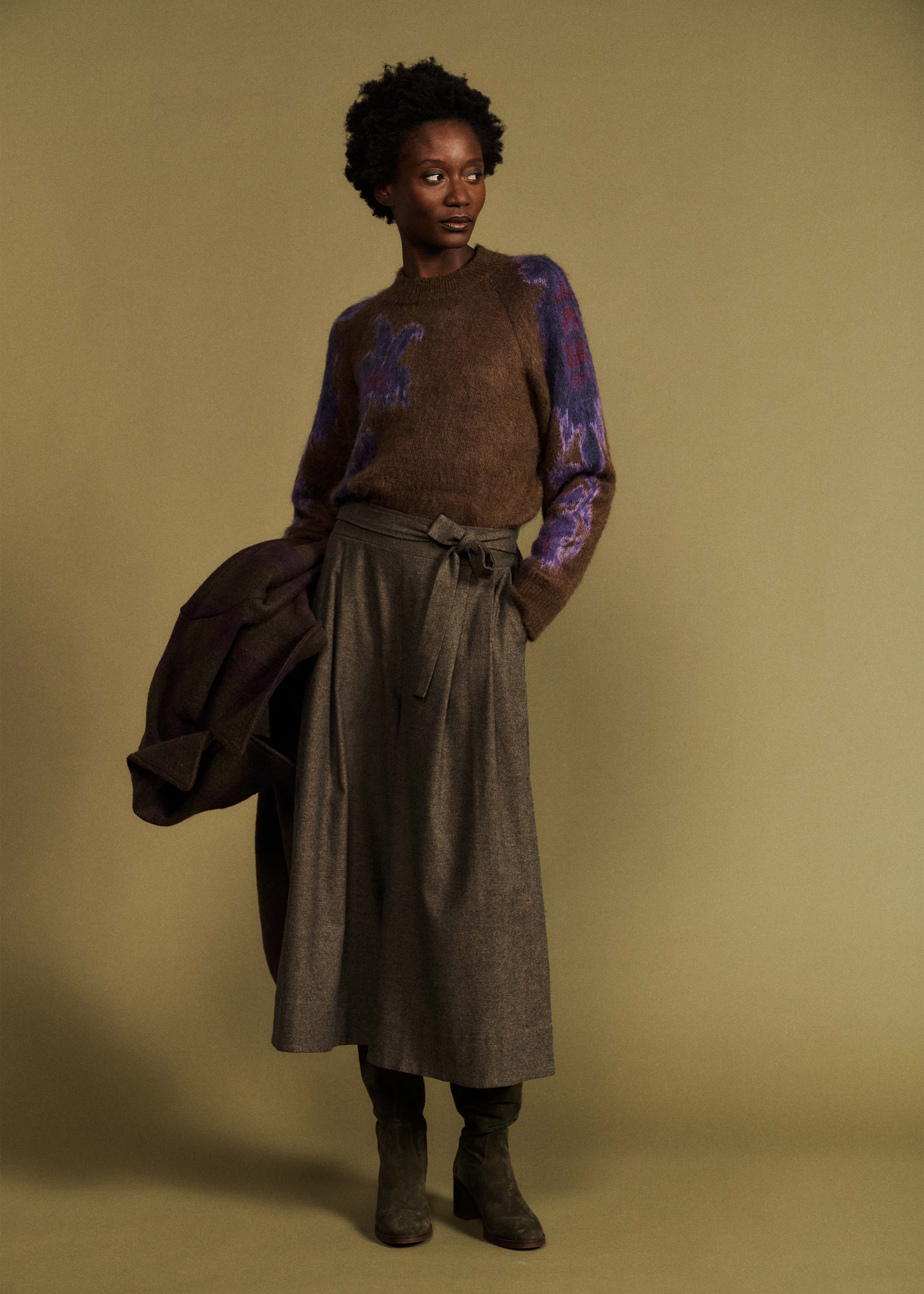 Pantalon jupe-culotte tweed kaki taille élastique