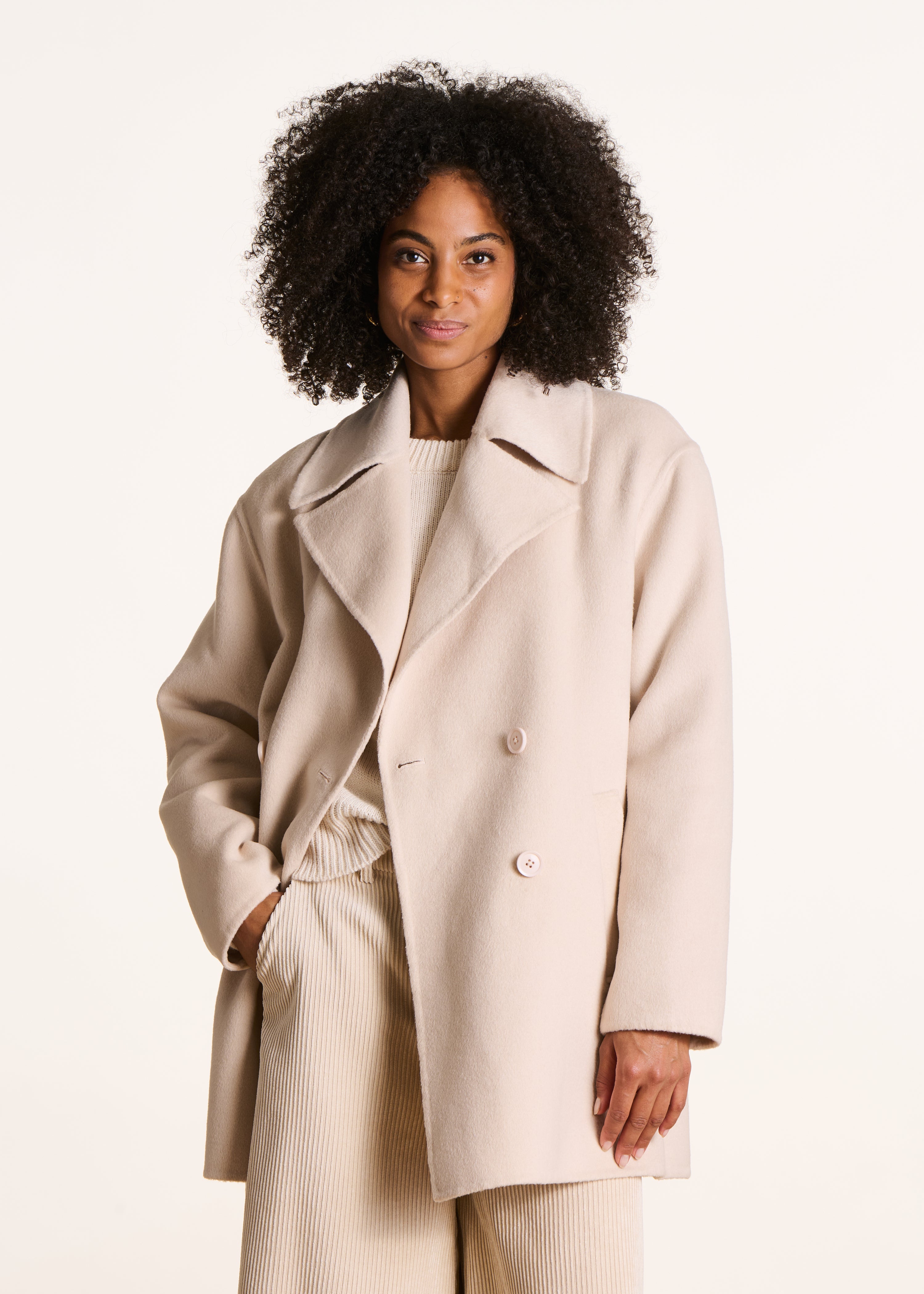 Manteau caban 3/4 écru en laine