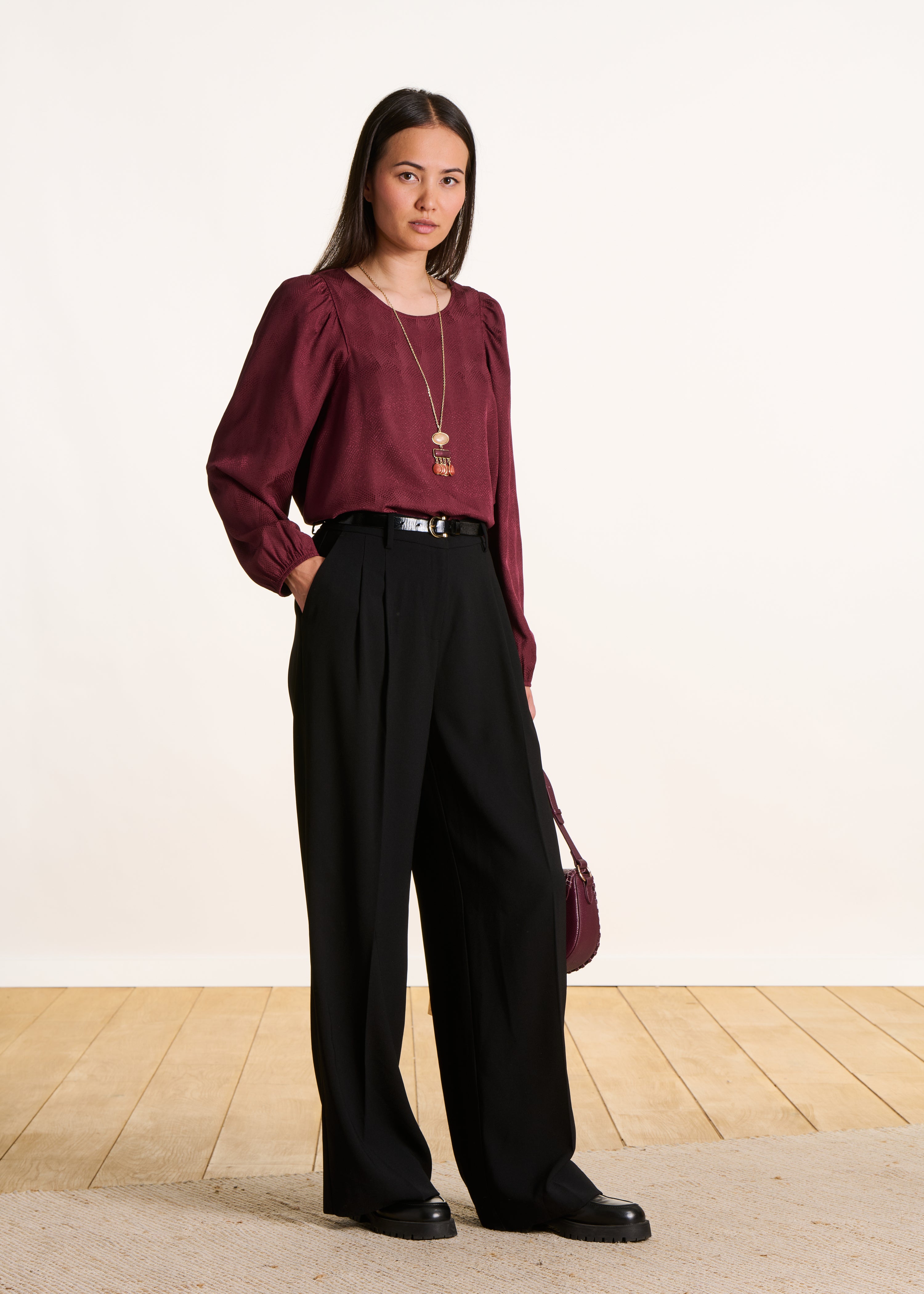 Pantalon large doublé à taille haute