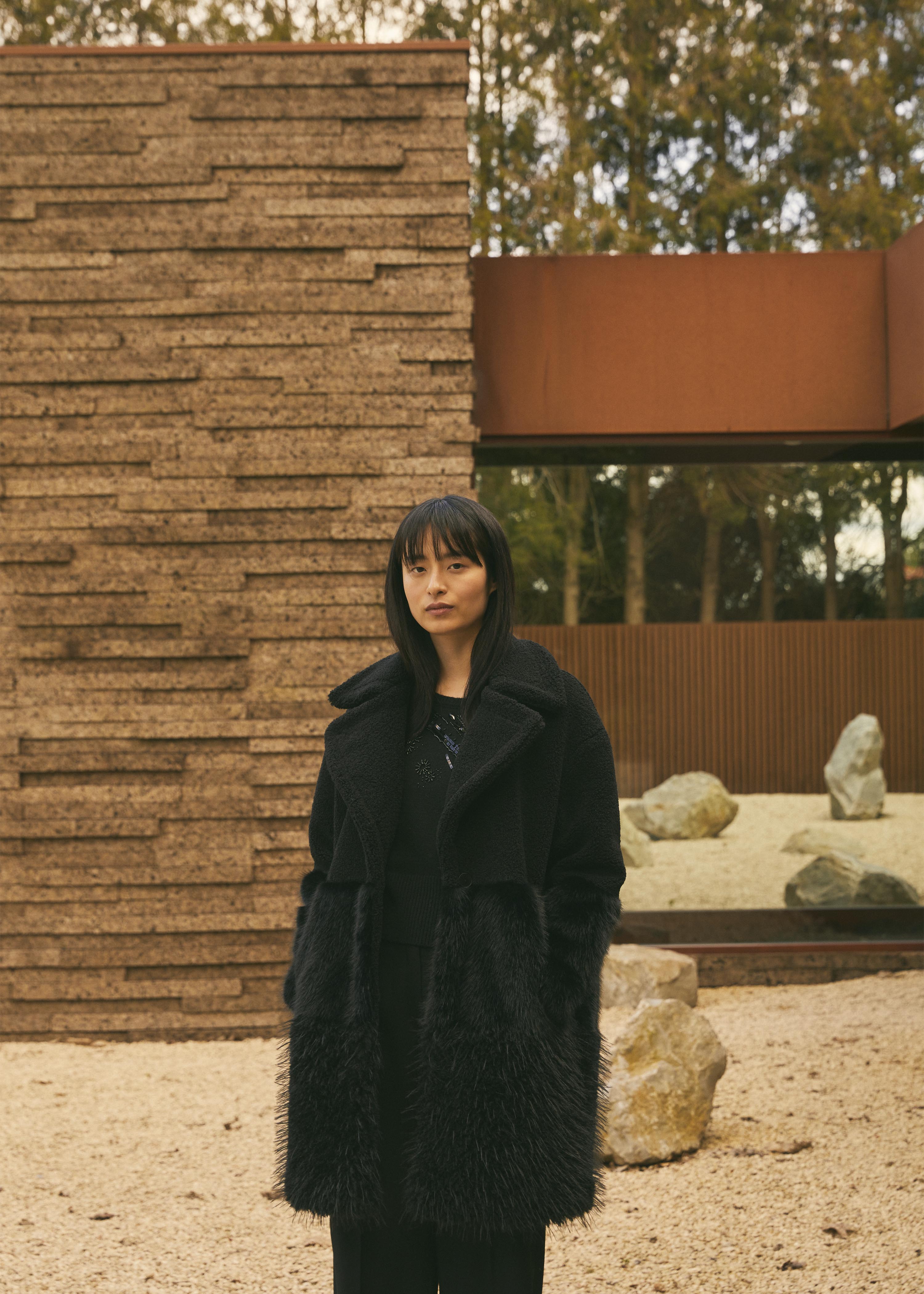 Manteau manches longues patchwork fausse fourrure