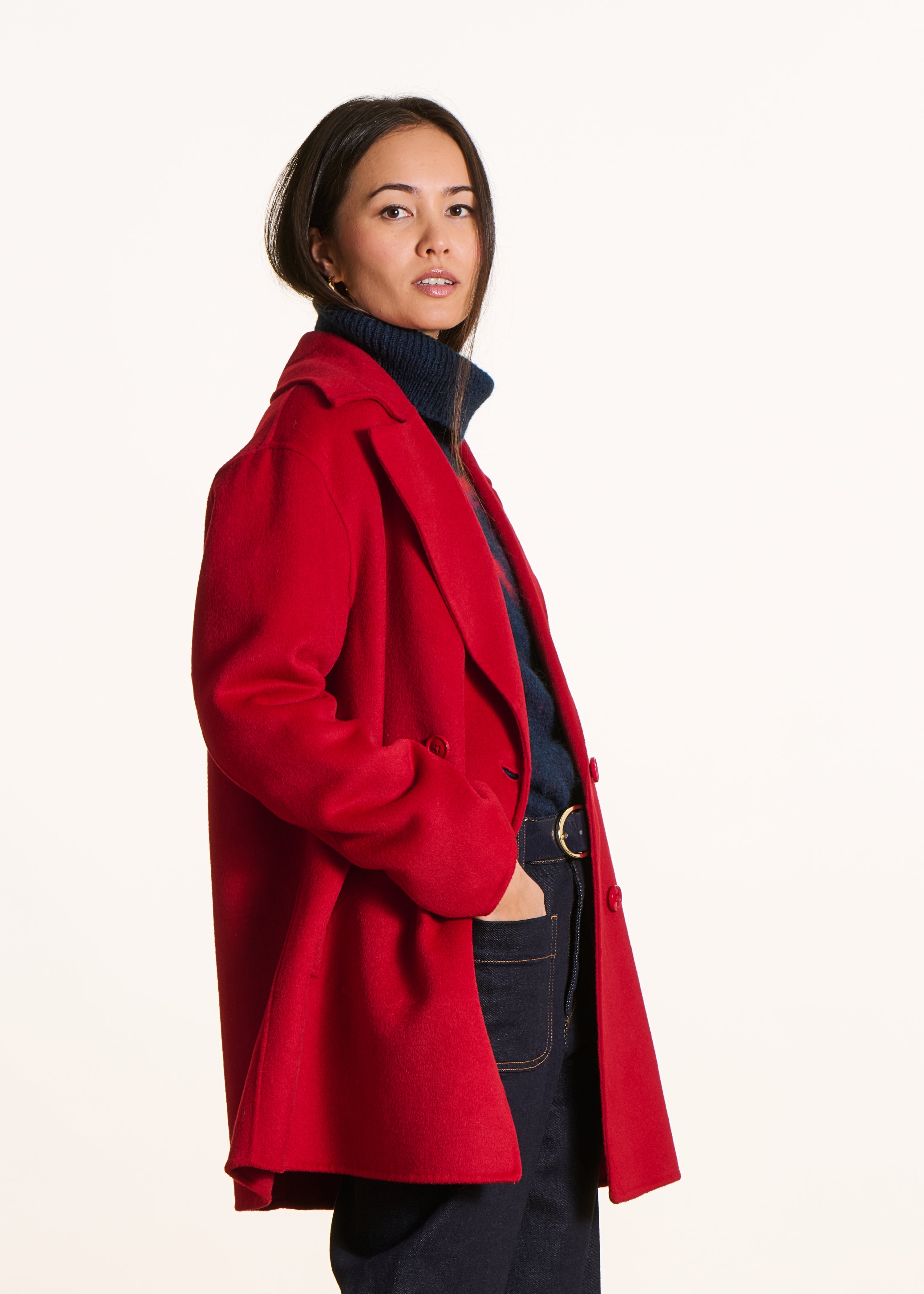 Manteau caban 3/4 rouge en laine