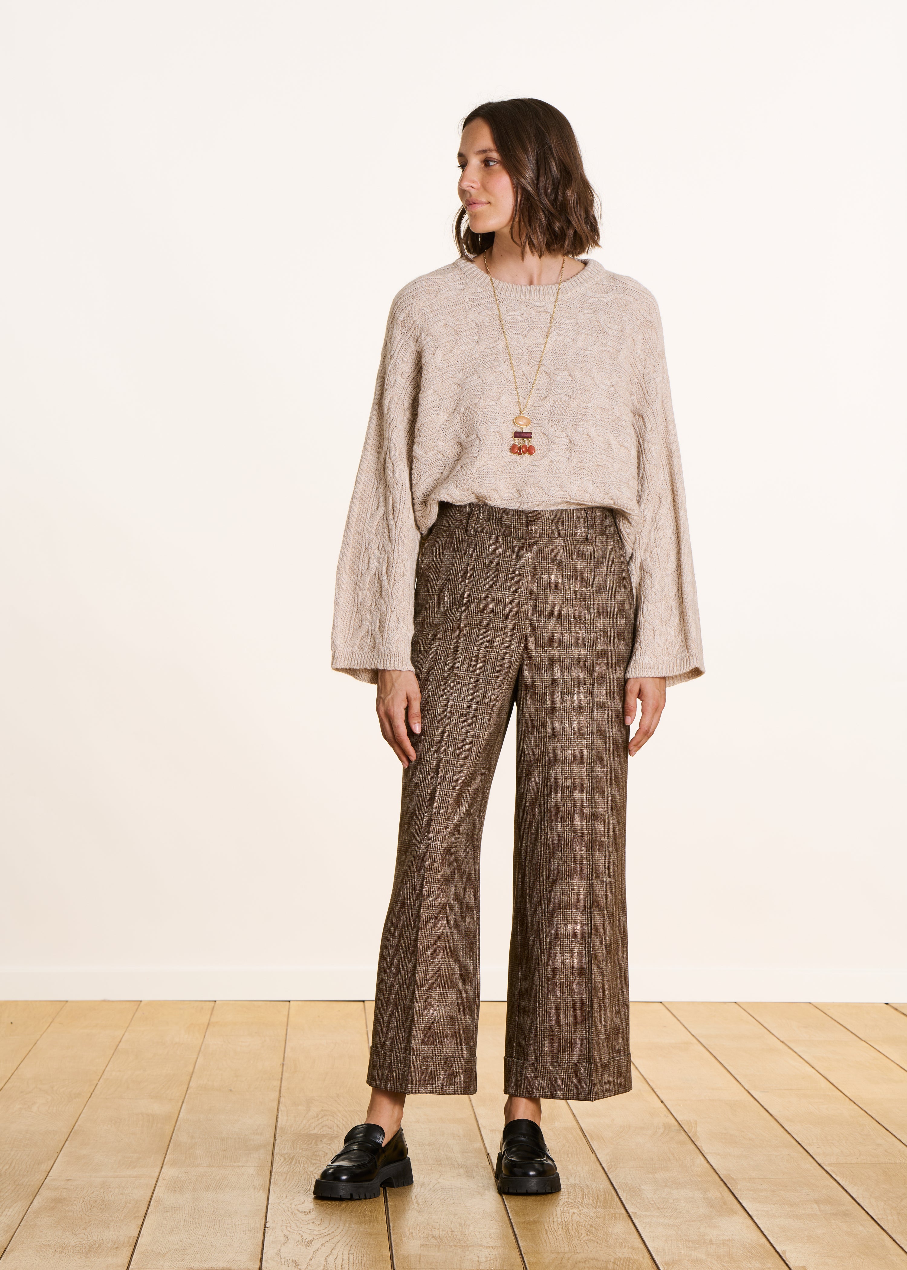 Pantalon droit marron à carreaux taille haute