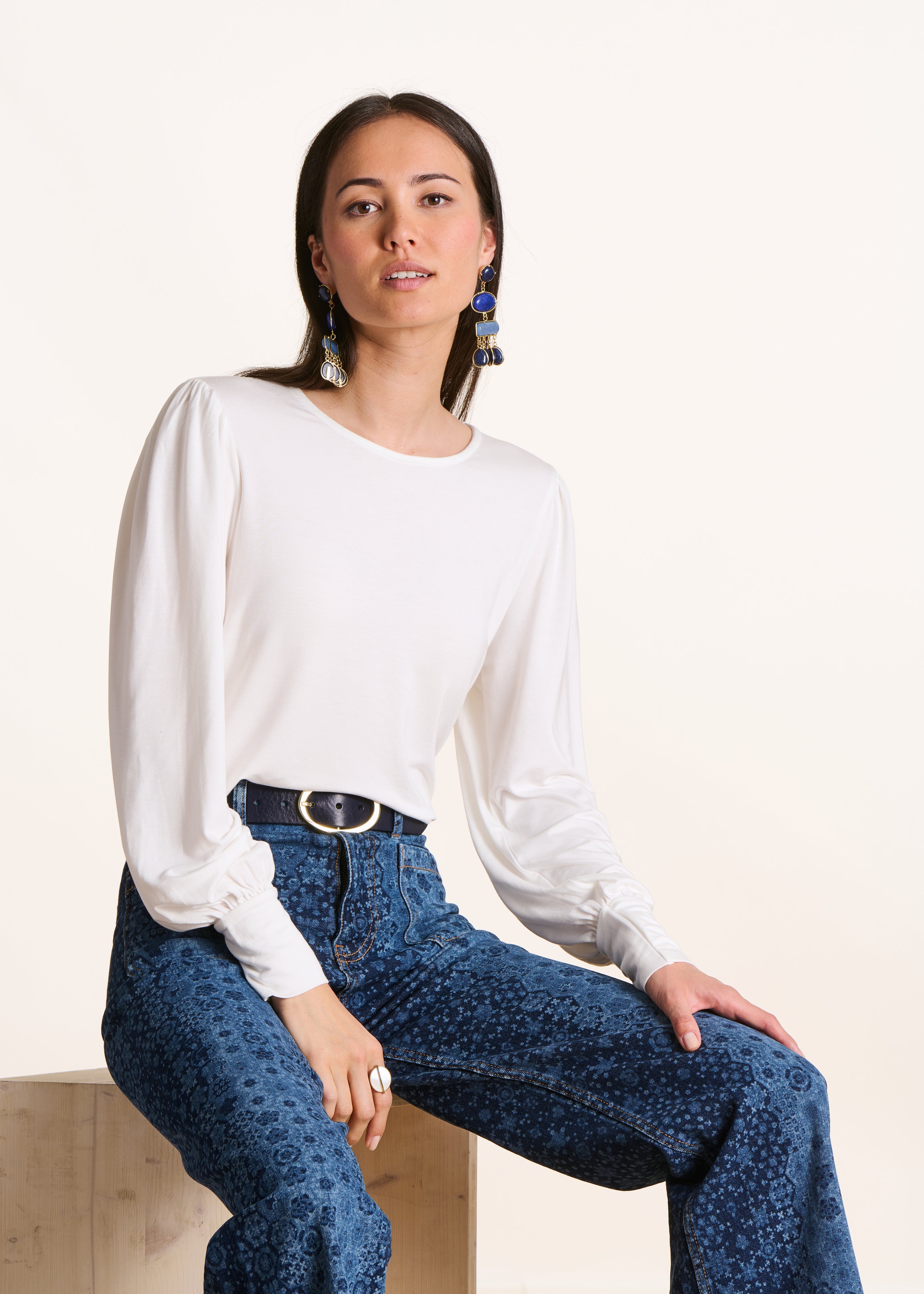 T-shirt écru ample à manches longues en modal