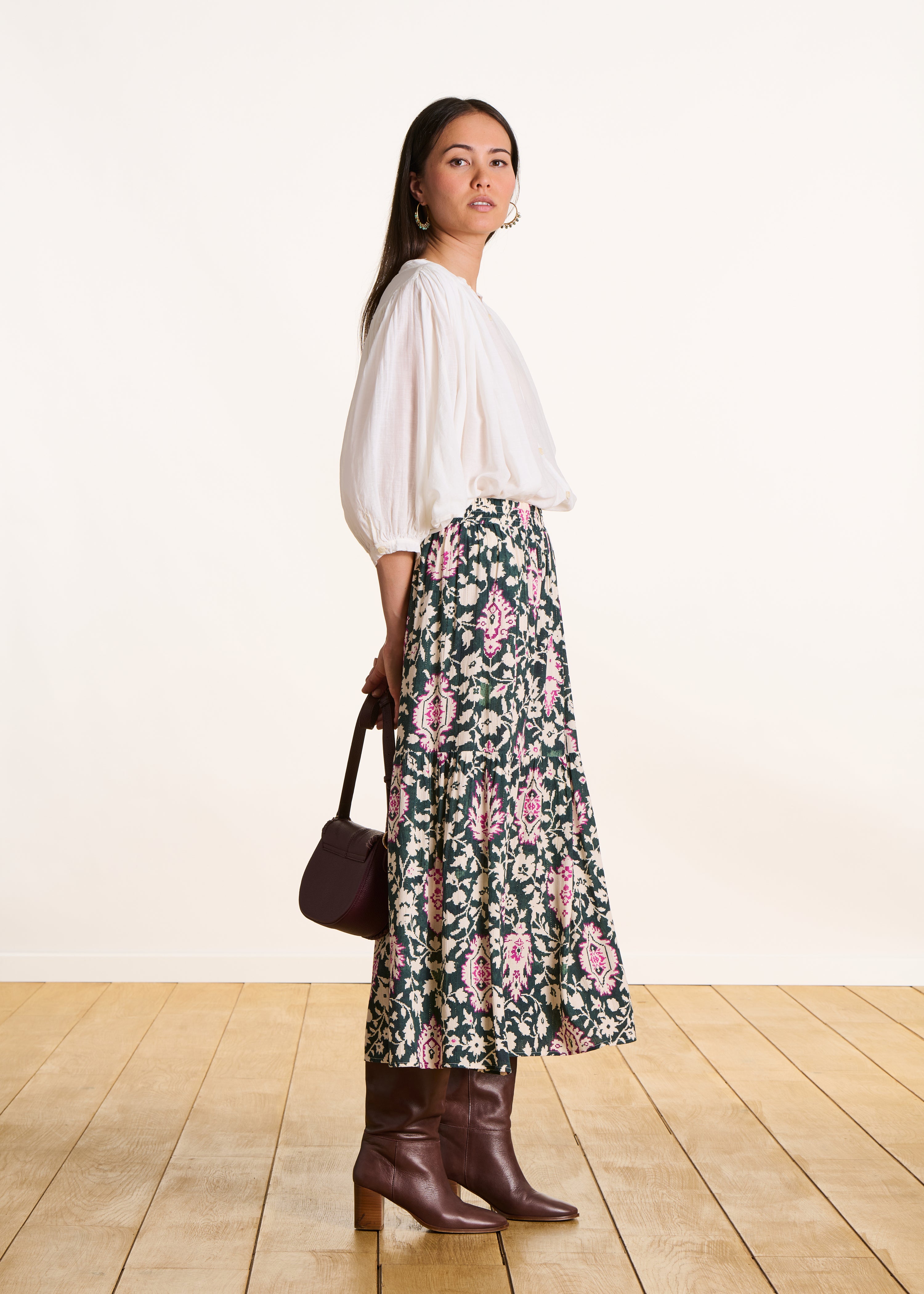 Jupe longue vert foncé taille élastiquée à imprimé
