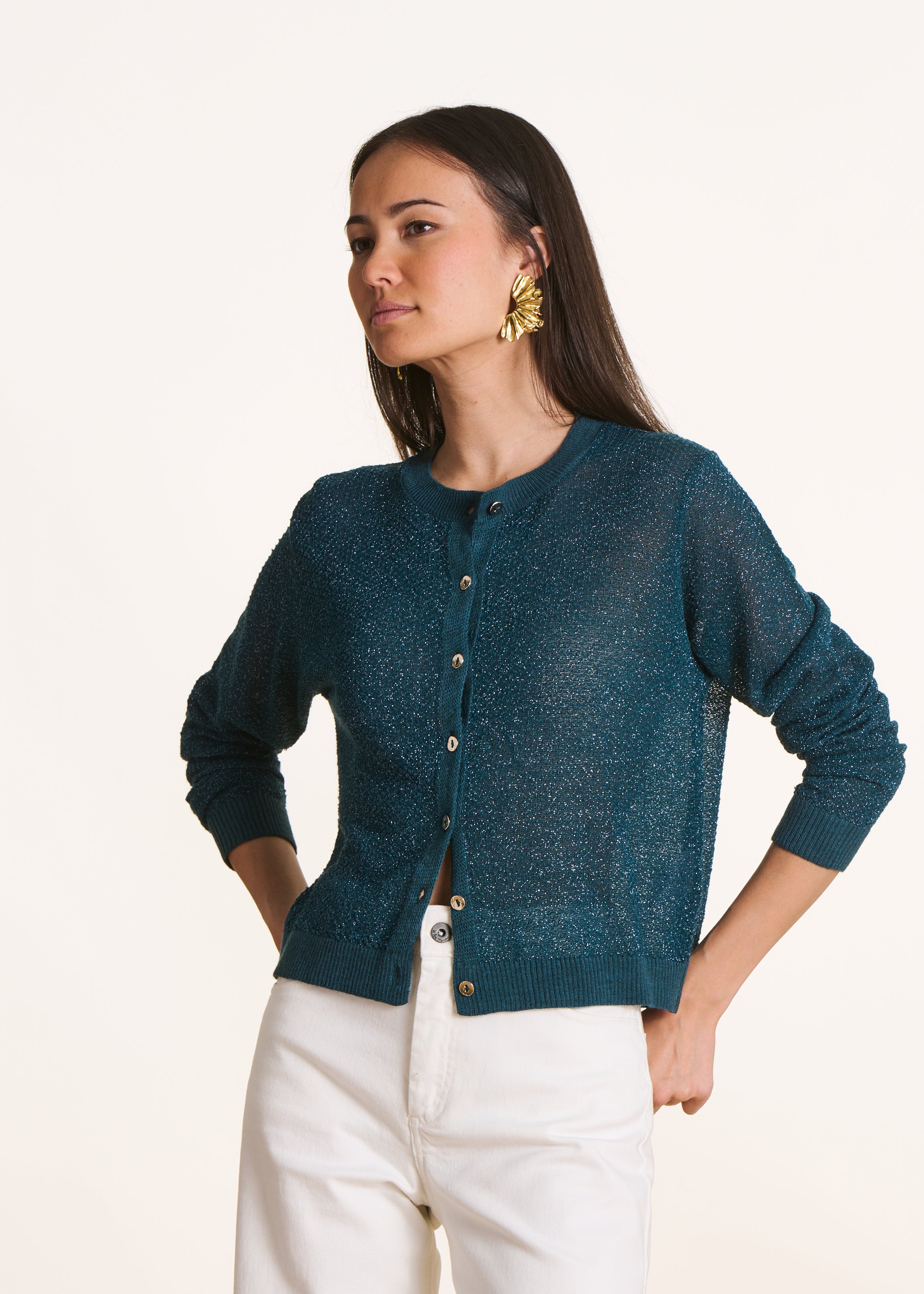 Gilet en maille fine irisée bleu pétrole