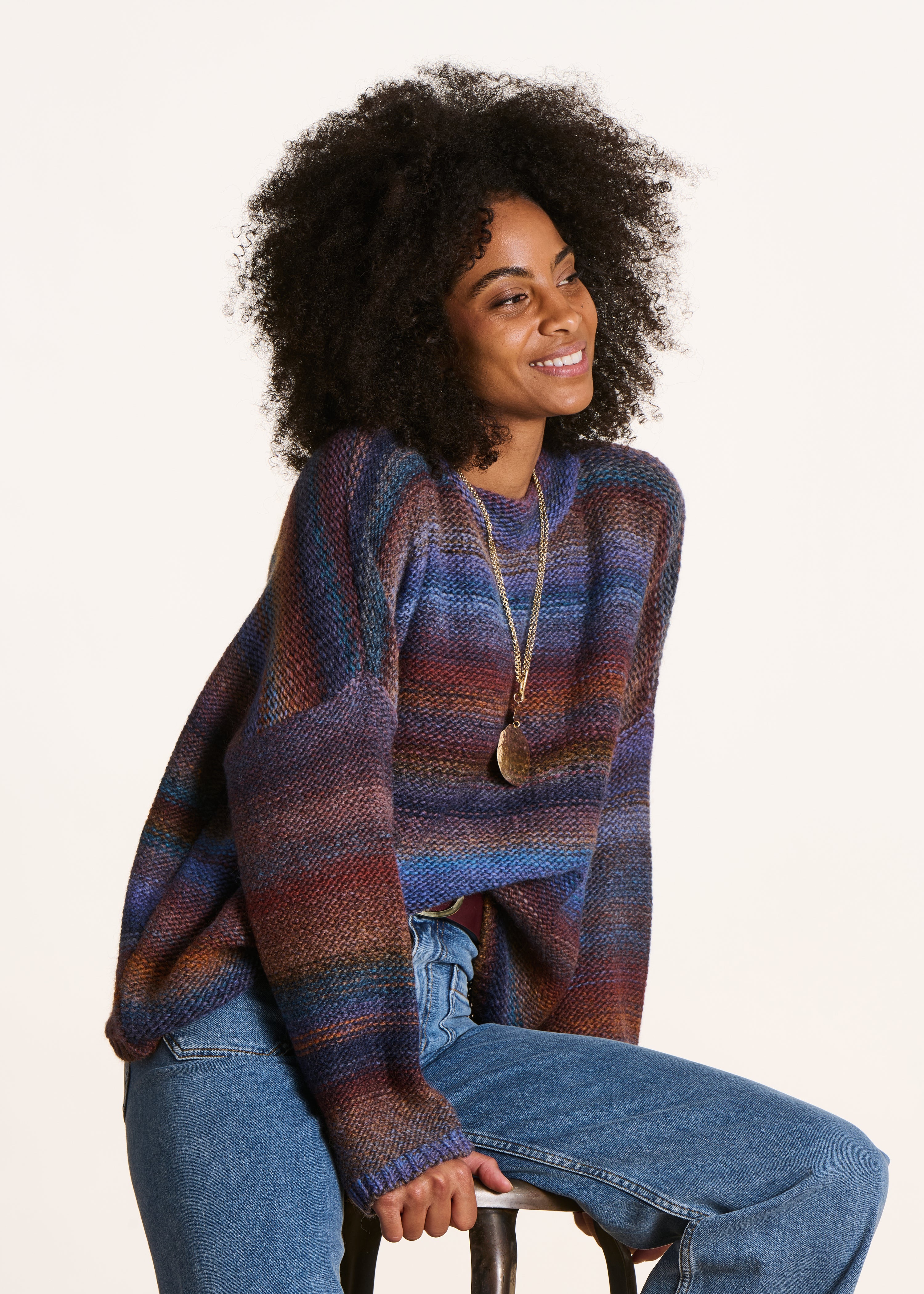 Pull rayé bleu et marron oversize en laine
