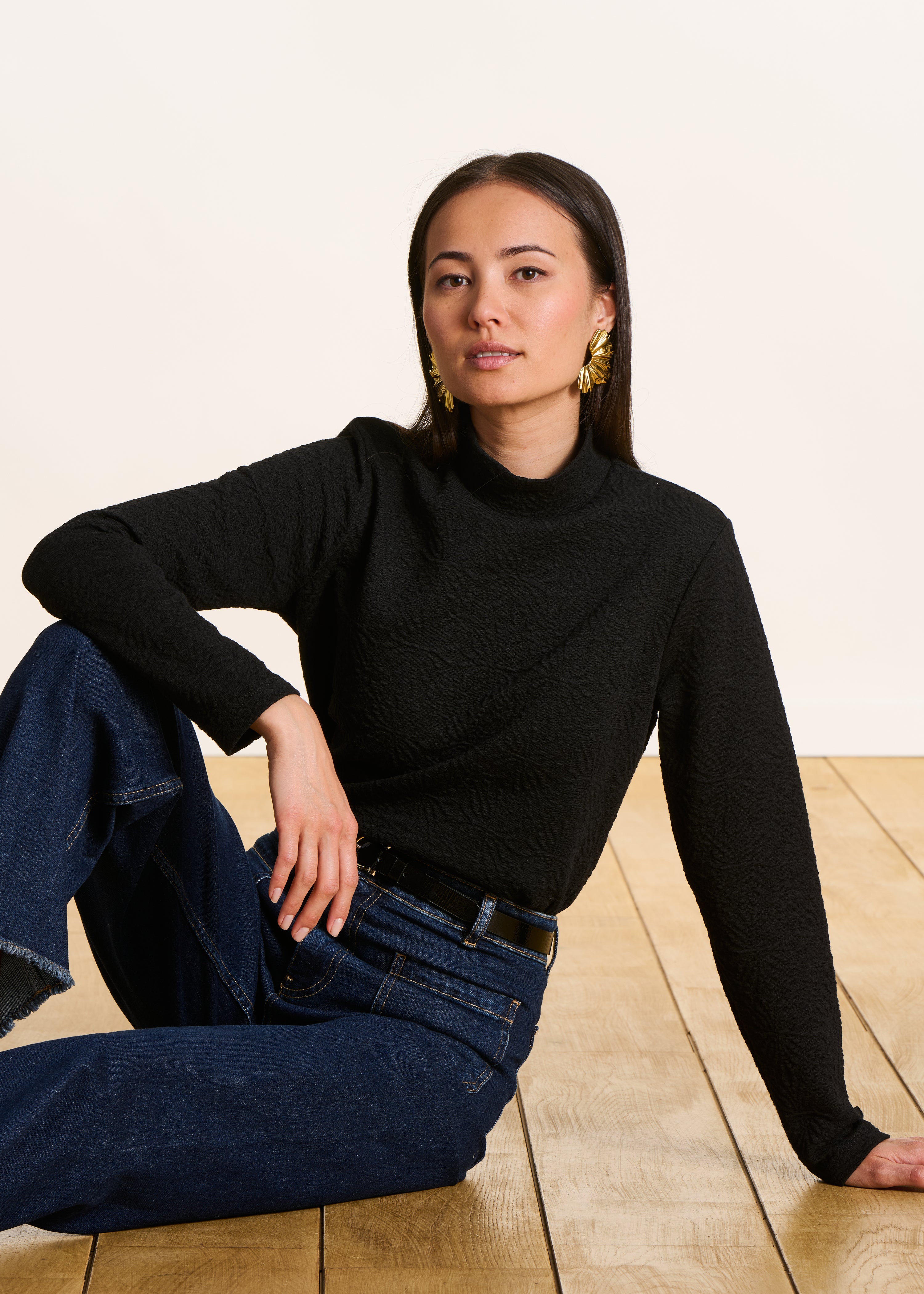 T-shirt en milano jacquard manches longues col montant