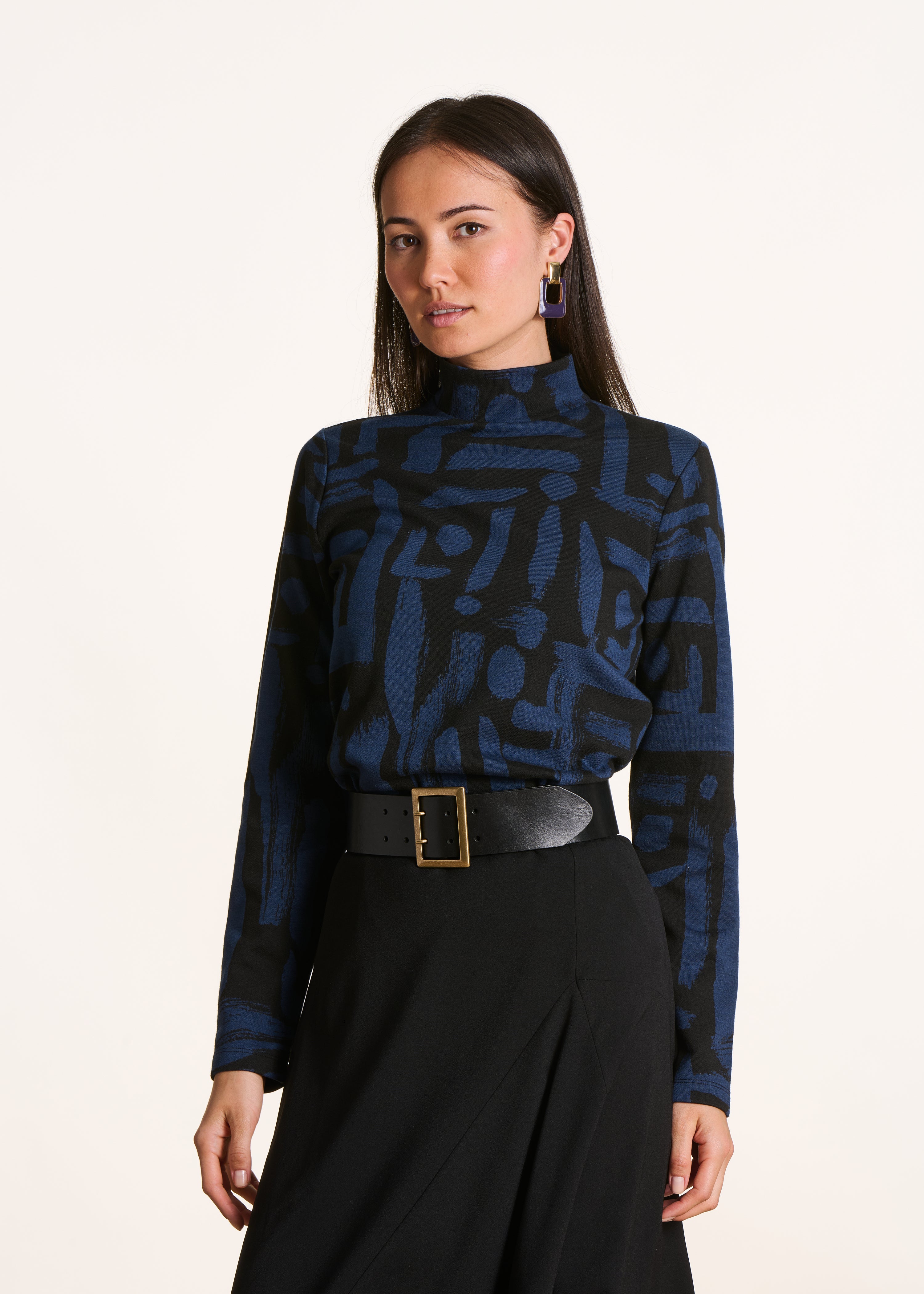 T-shirt noir et bleu en jacquard à imprimé manches longues