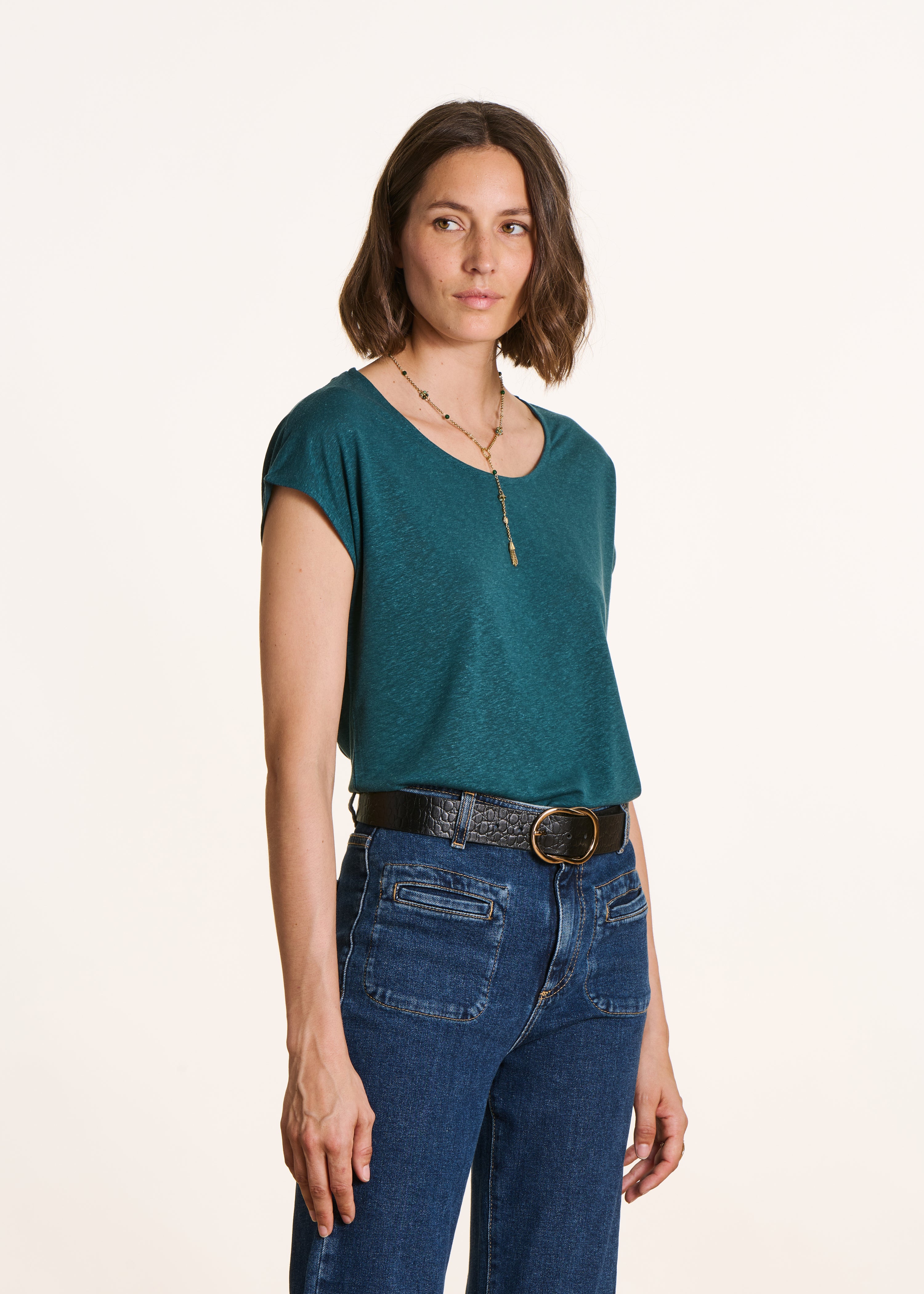 T-shirt droit bleu pétrole col rond en lyocell lin