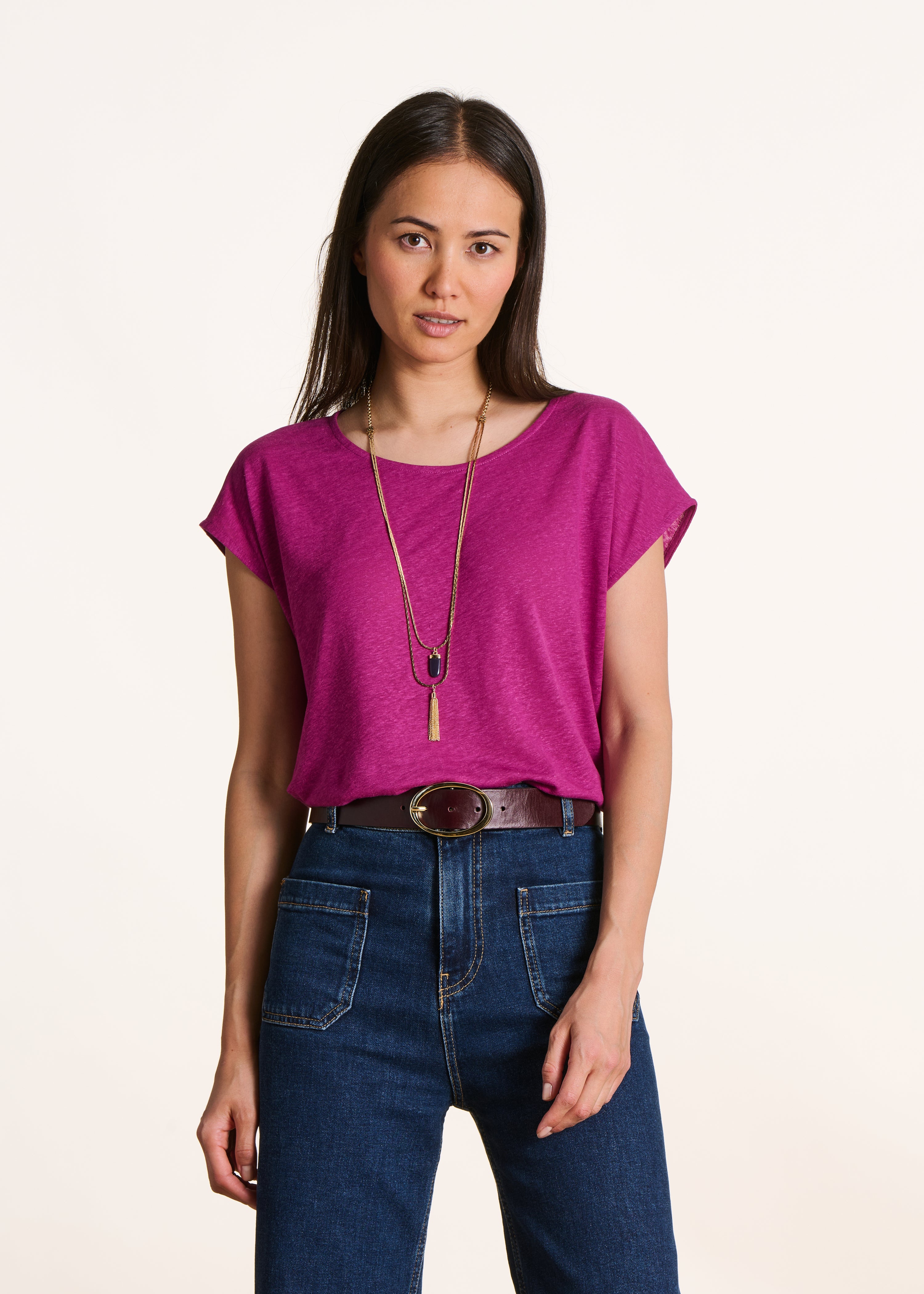T-shirt droit rose fuchsia col rond en lyocell lin