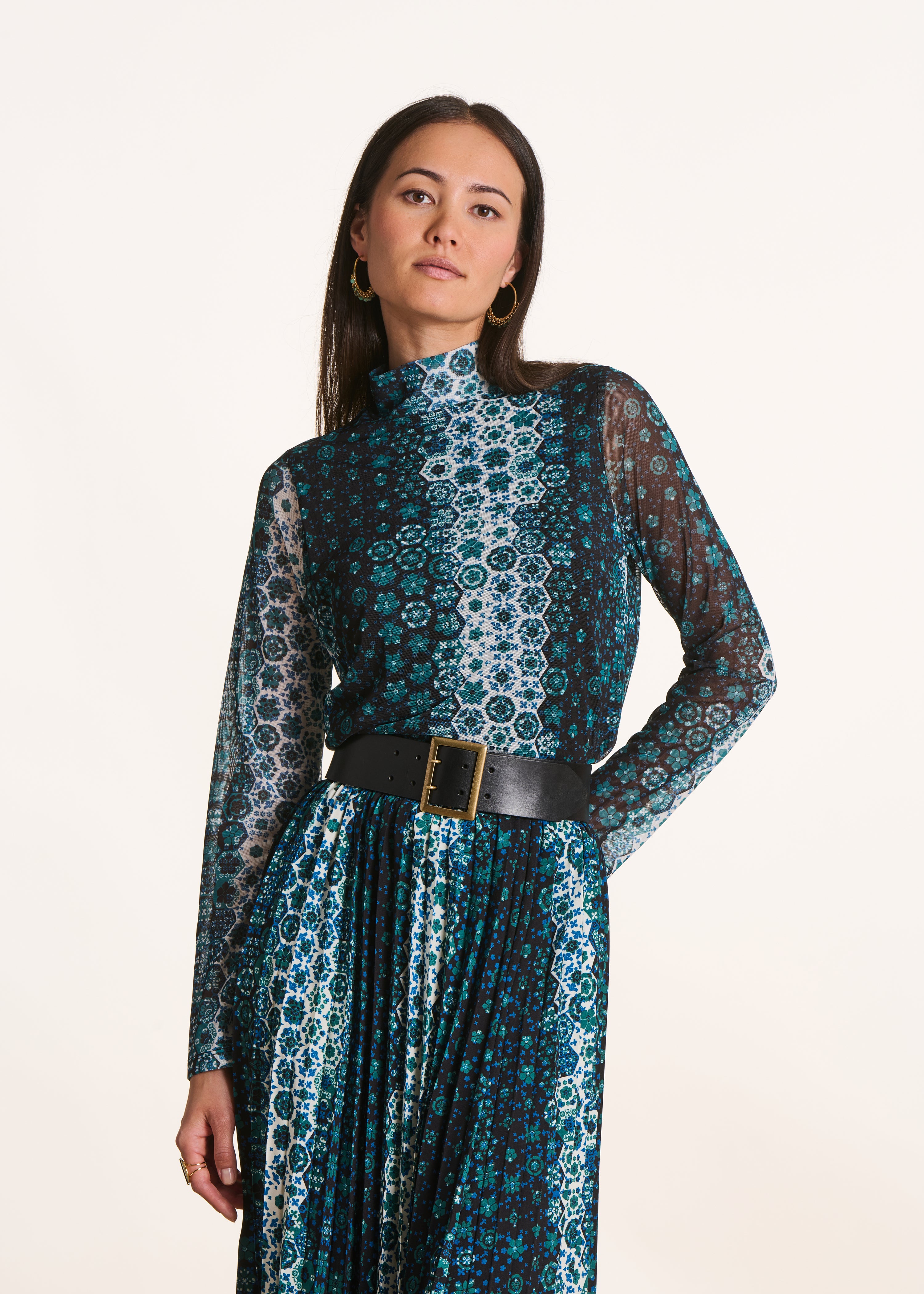 T-shirt bleu pétrole ajusté imprimé manches longues