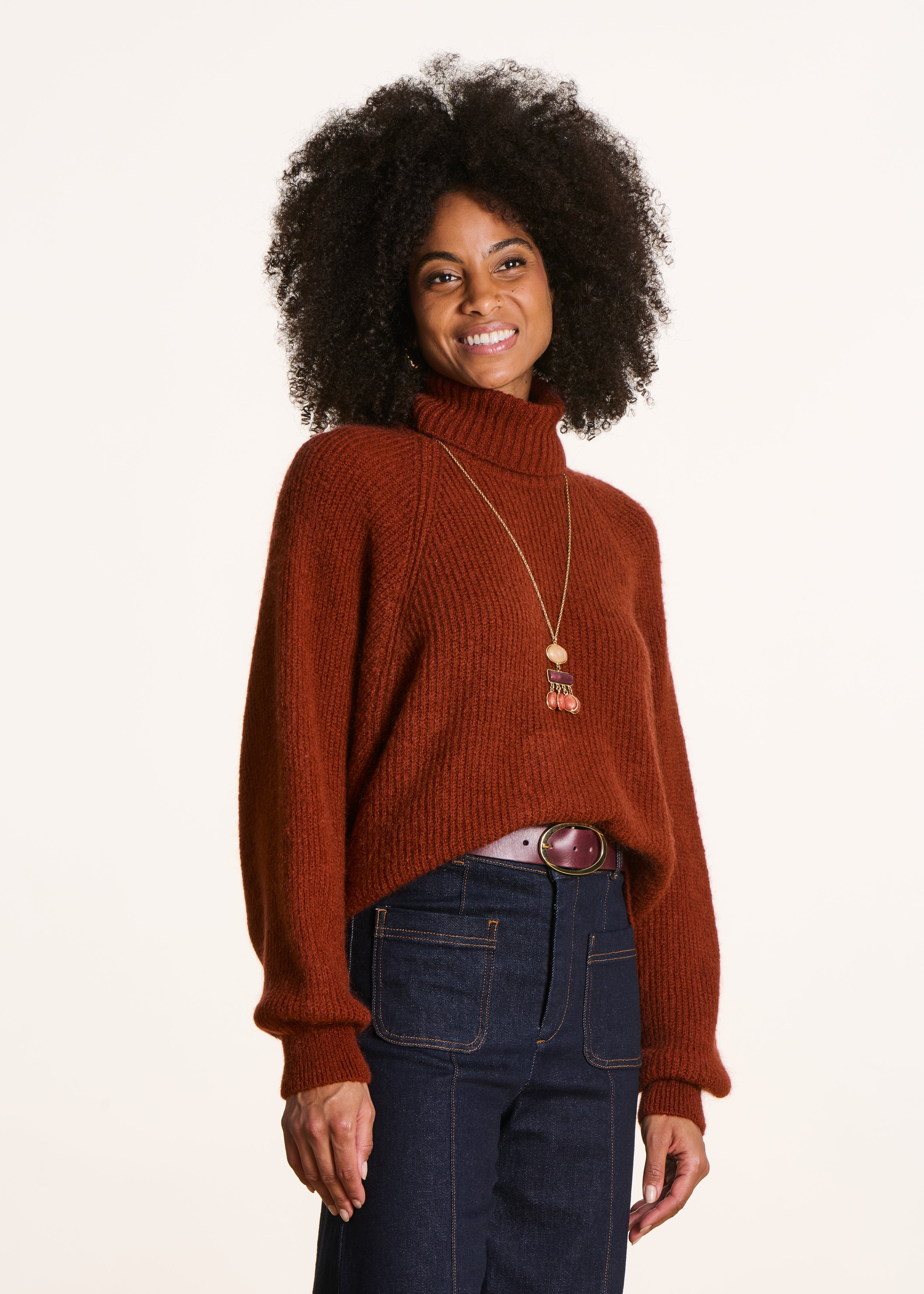 Pull marron ample manches longues col roulé