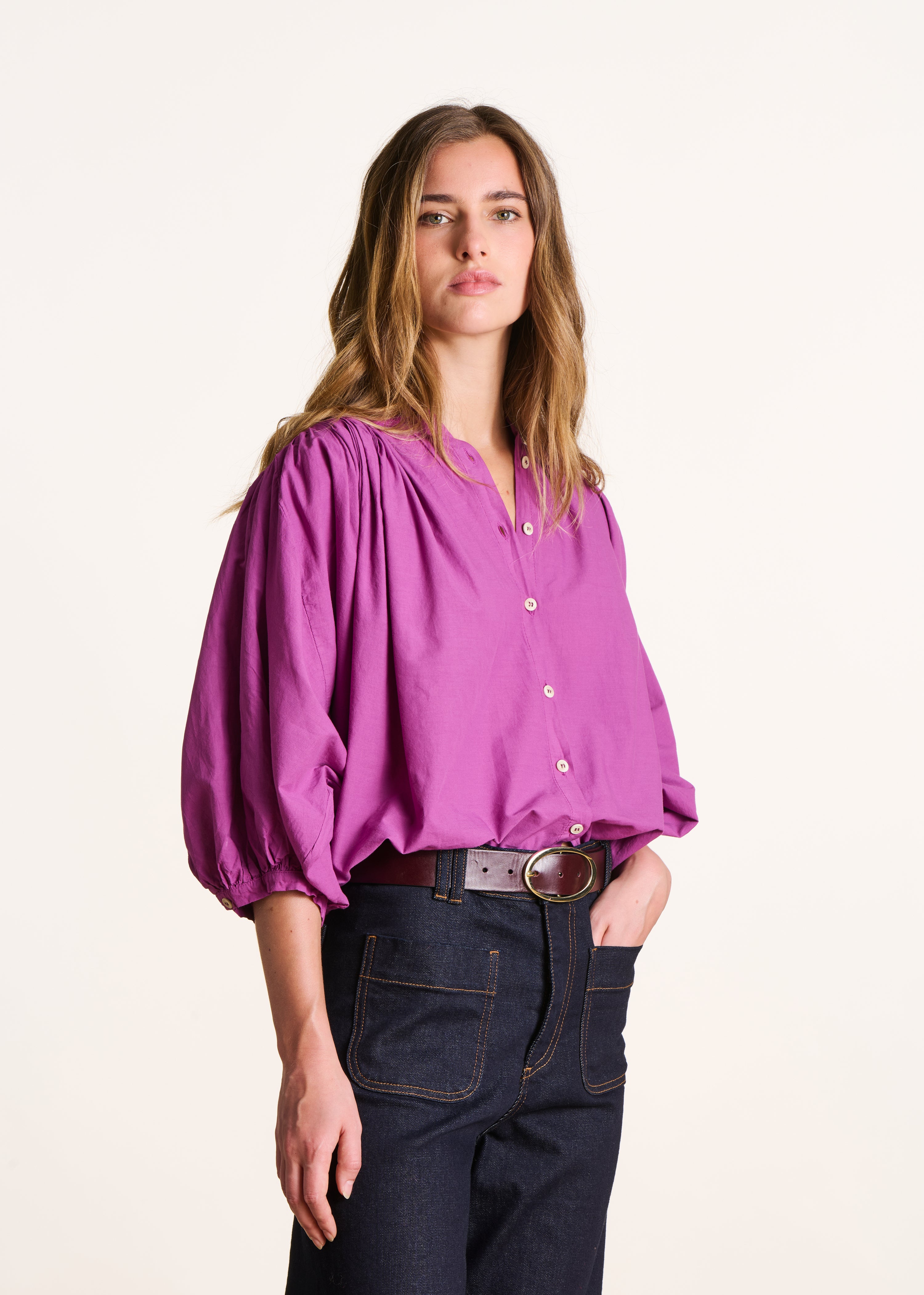 Chemisier rose fuchsia uni en coton manches 3/4