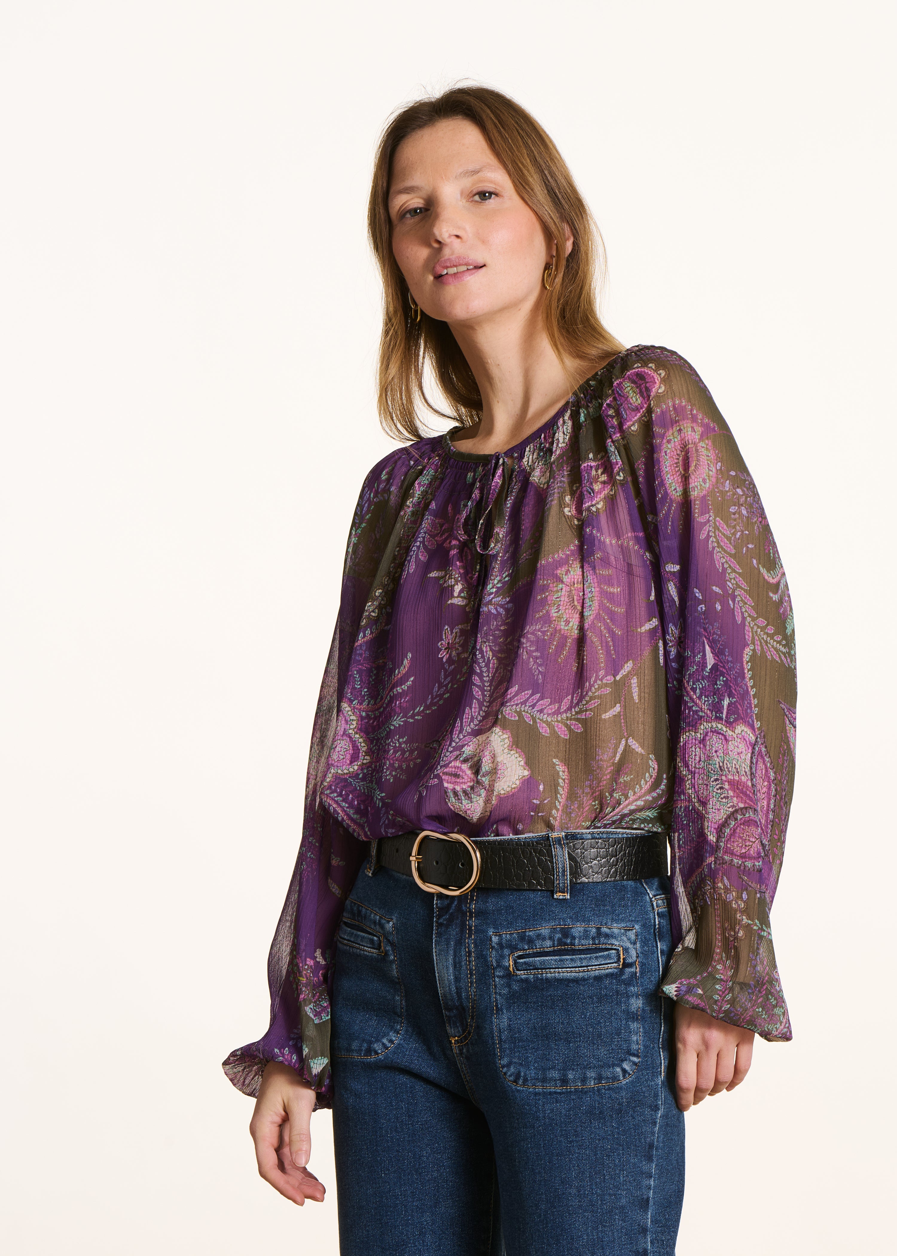 Top manches longues violet et vert à imprimé