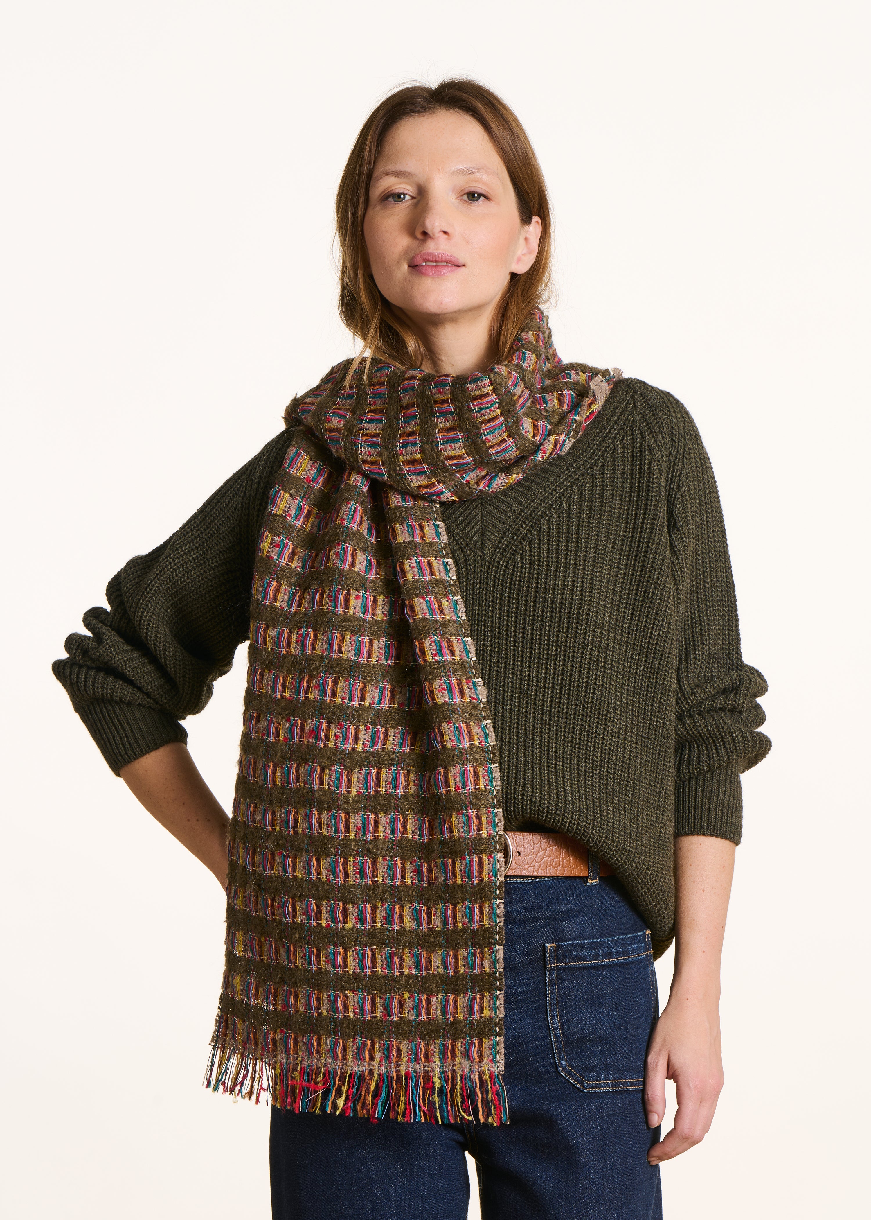 Écharpe kaki carreaux fantaisie