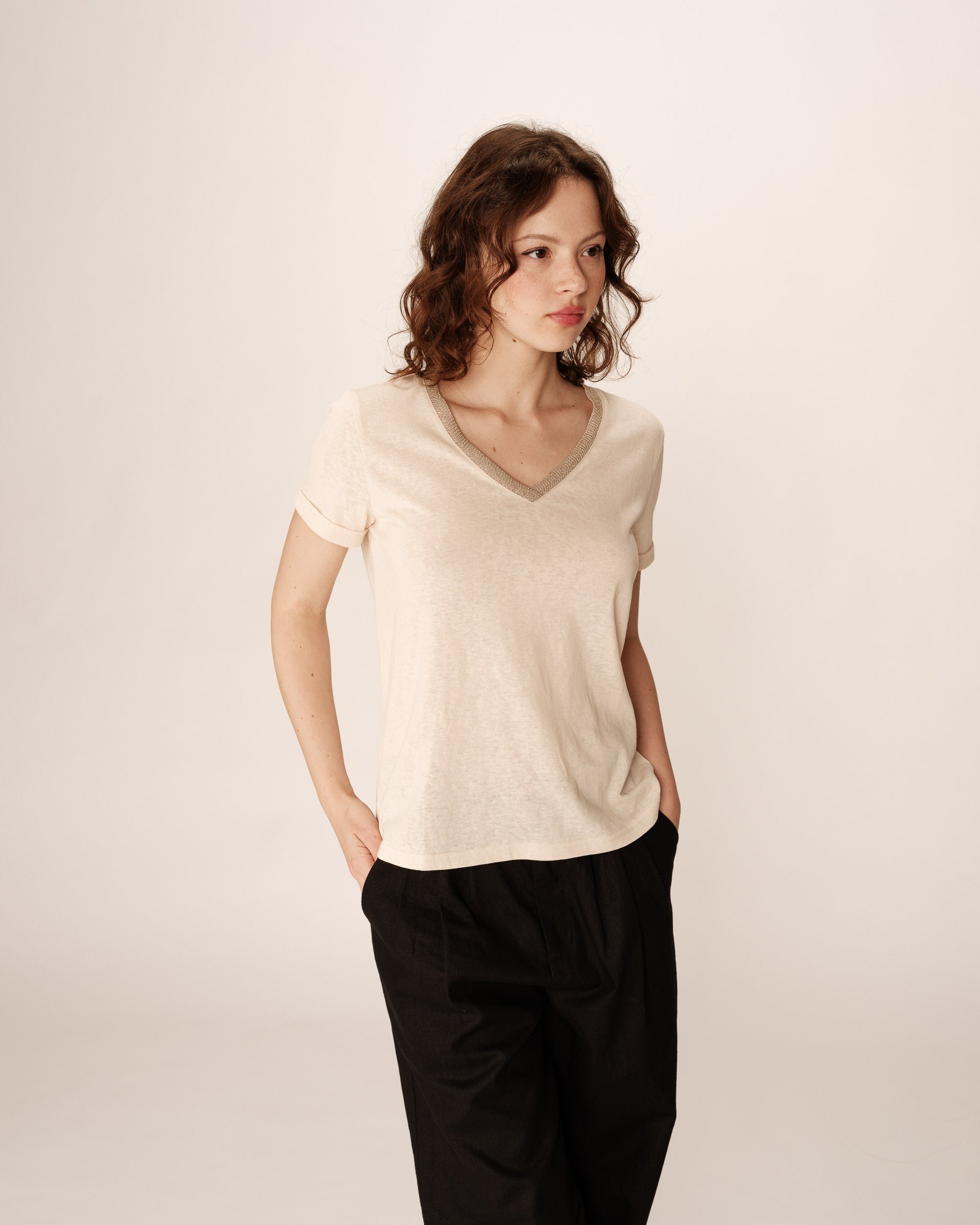 Top col v en lurex beige Pepito