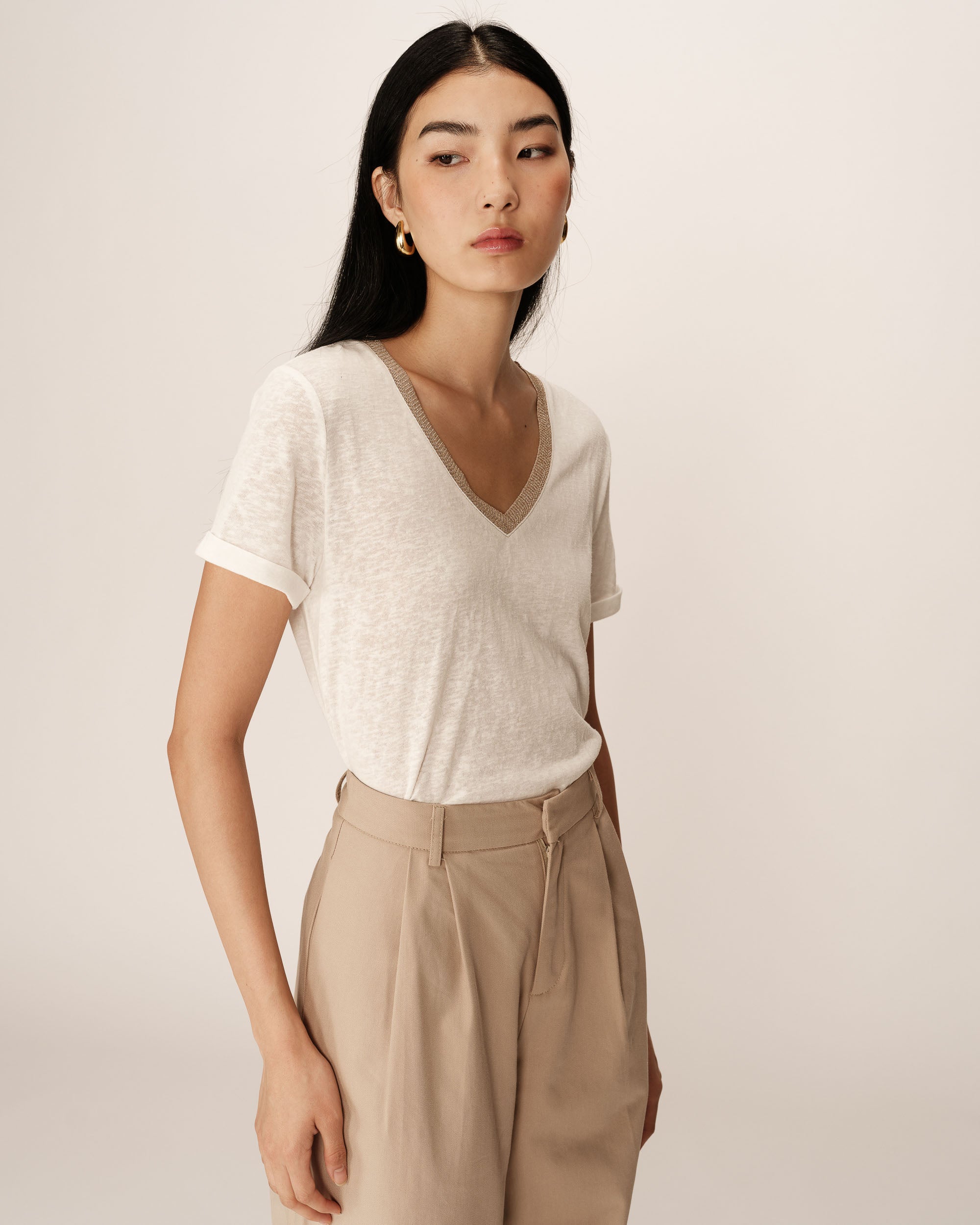 Top col v en lurex ecru Pepito