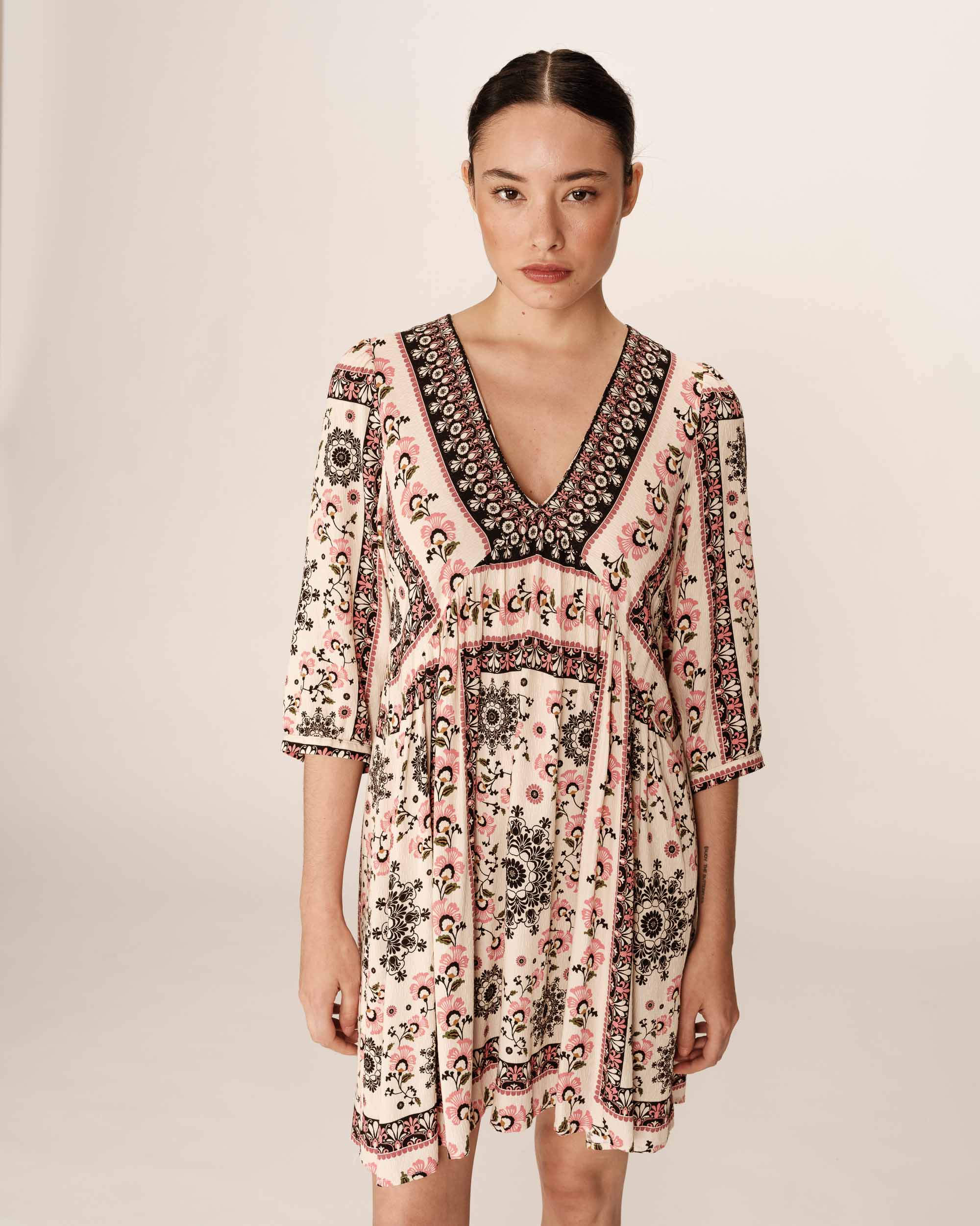 Robe courte babydoll bohÃ¨me beige Perou