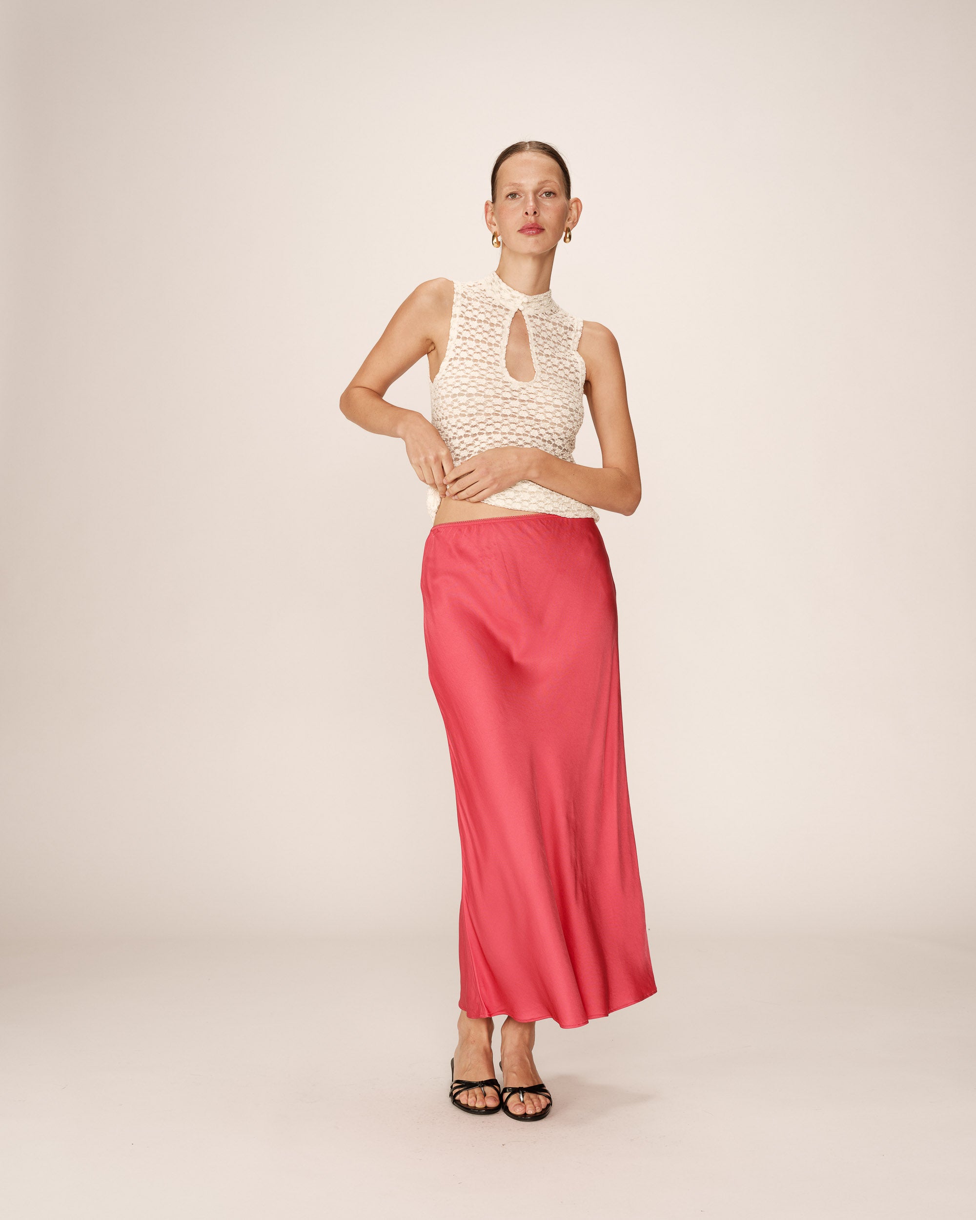 Jupe longue en satin rose Philae