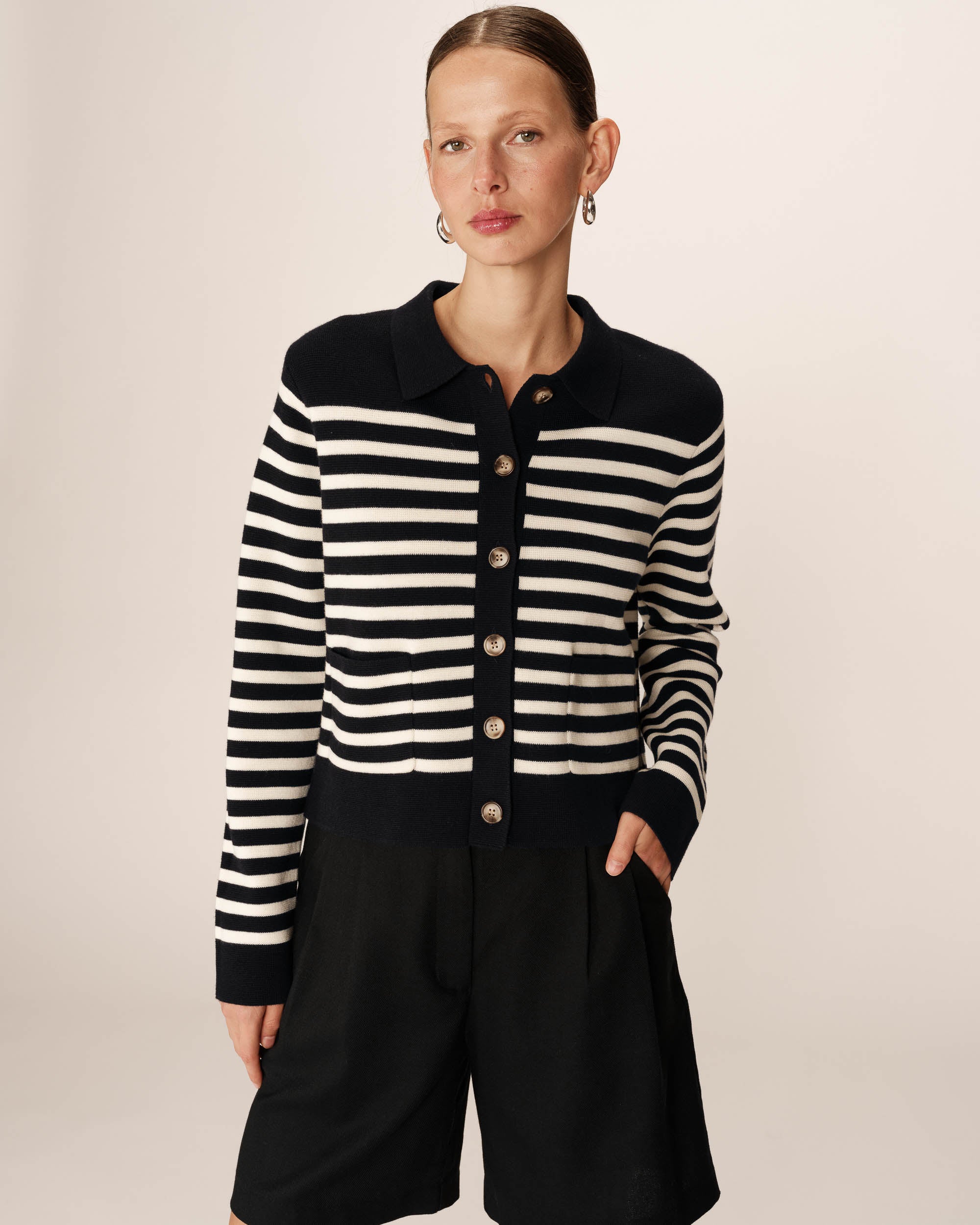 Cardigan maille fine rayures marine Pam