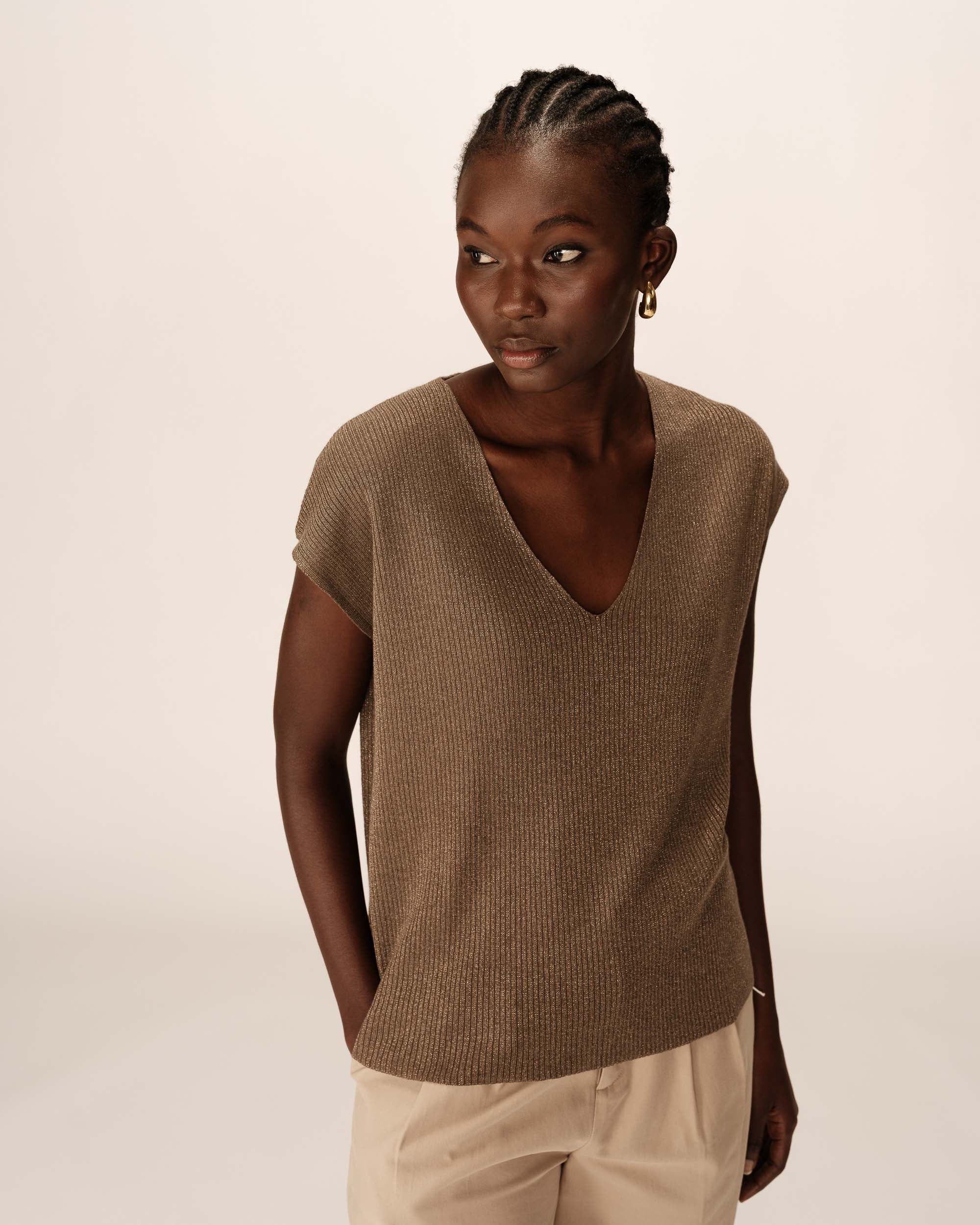 Pull en lurex col v kaki Pacino