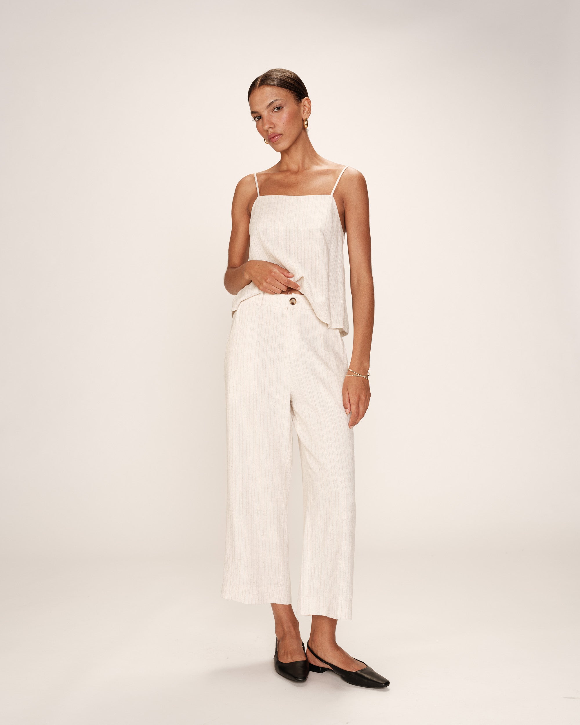 Pantalon raye lin et coton beige Romain