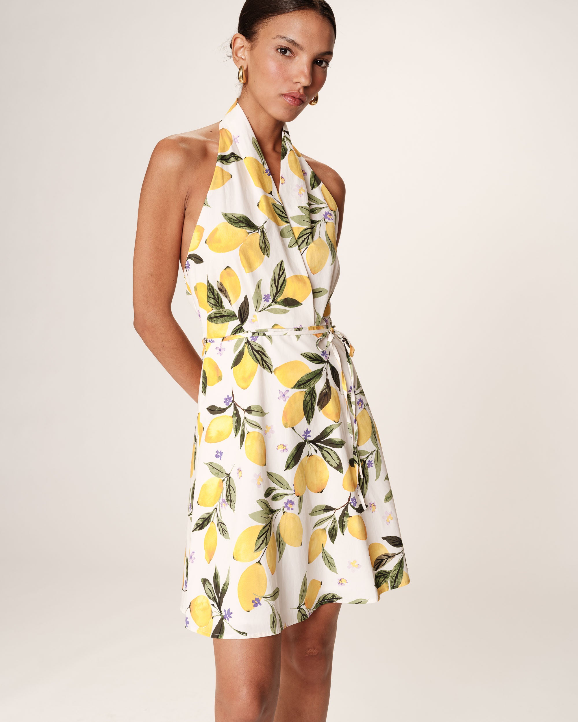 Robe courte a motif citrons ecru Renata