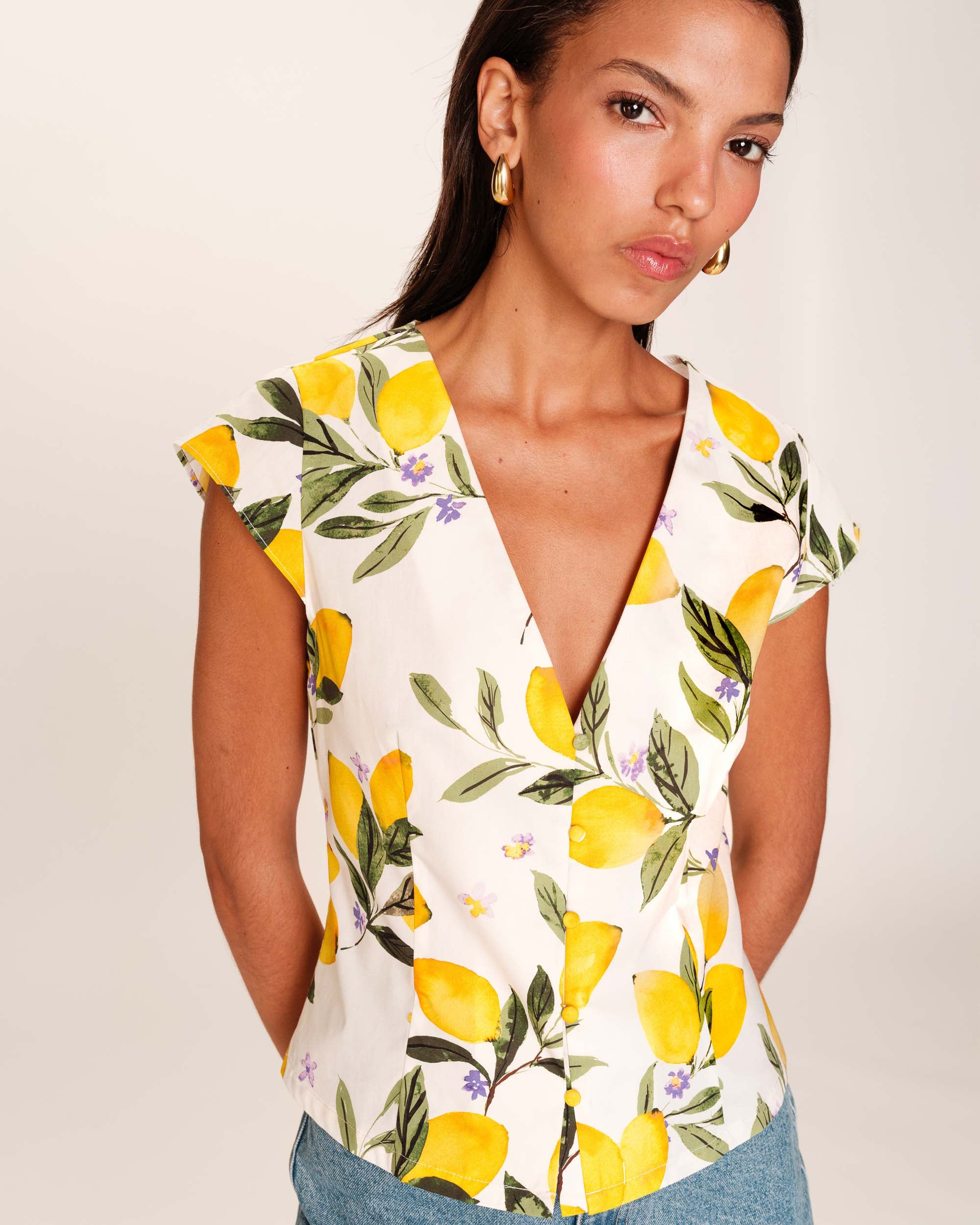 Blouse motifs citrons ecru Remy