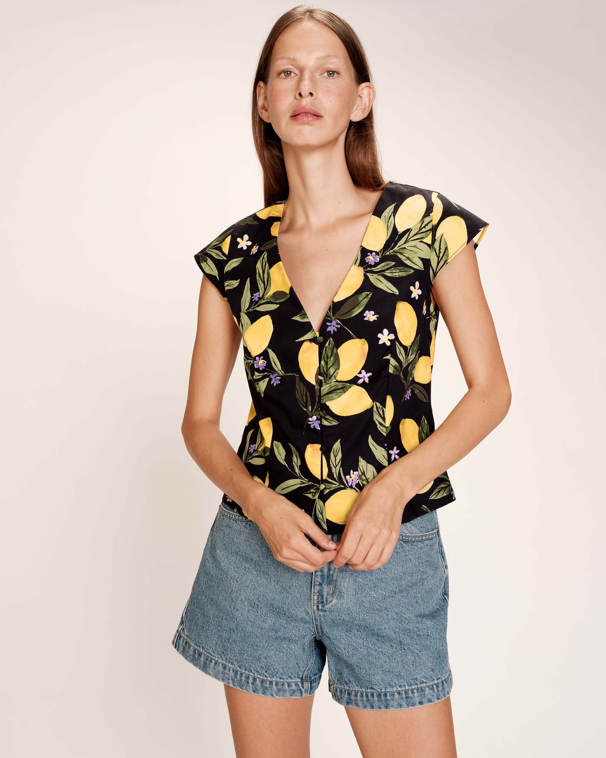 Blouse motifs citrons noir Remy
