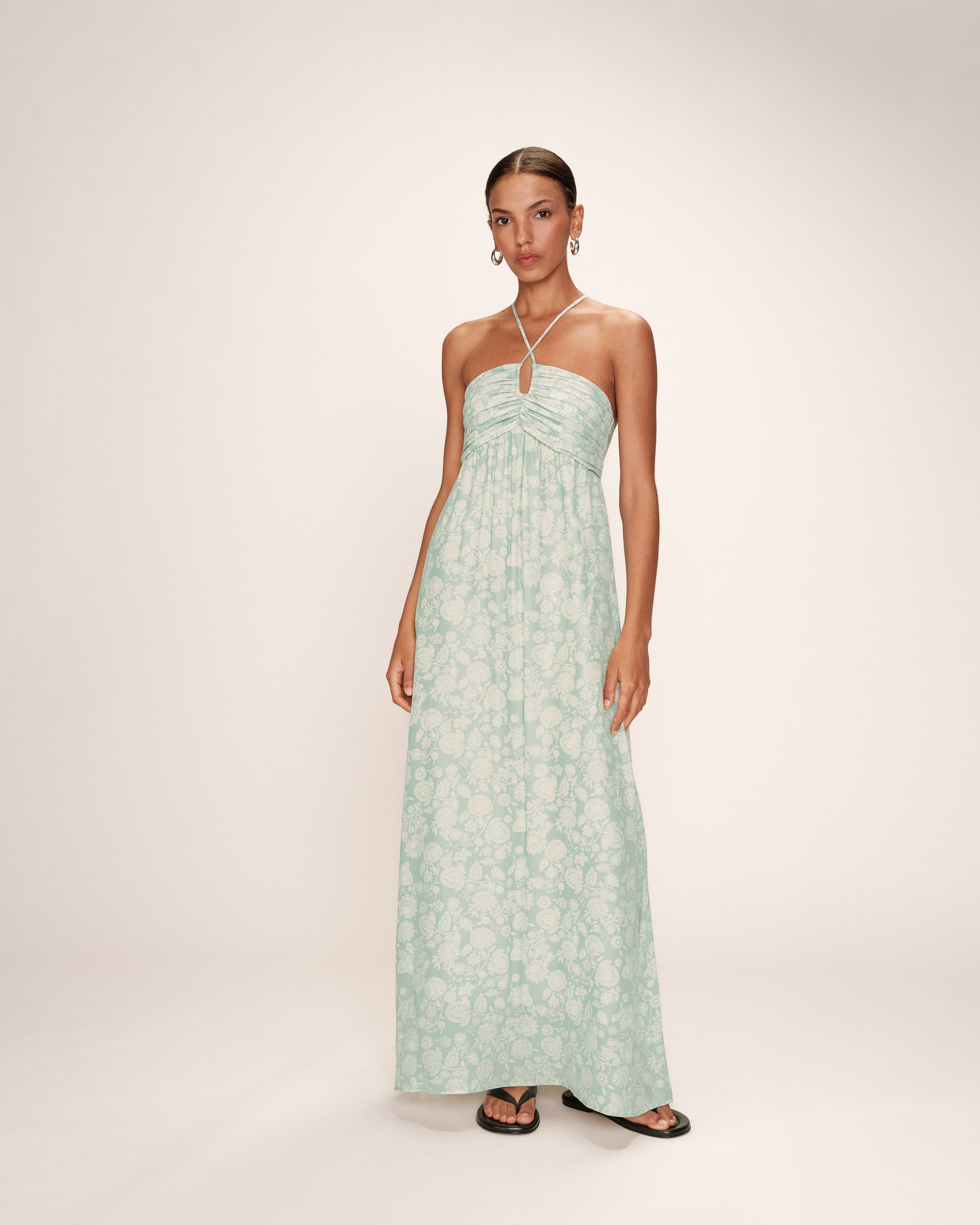 Robe longue bustier a fleurs vert Reine